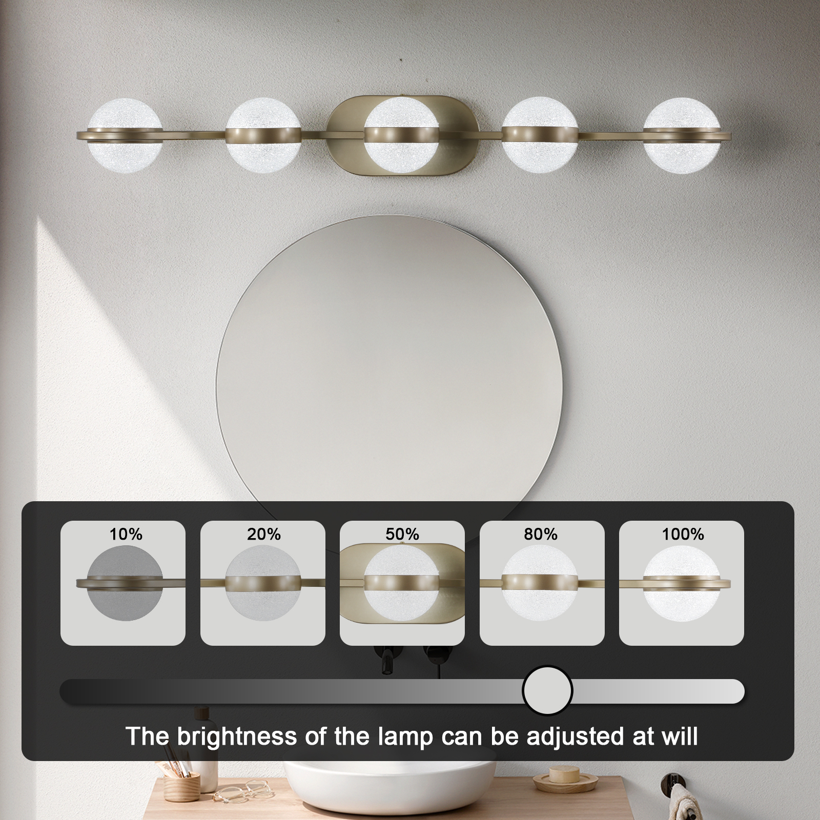 35" Modern Minimalist Bathroom Vanity Light, LED 5 Bulb Crystal Sand Acrylic Shades, Wall Mounted Decorative Lighting Fixture, Suitable for Bathroom Vanity Mirror (Champagne Gold) - Image 6