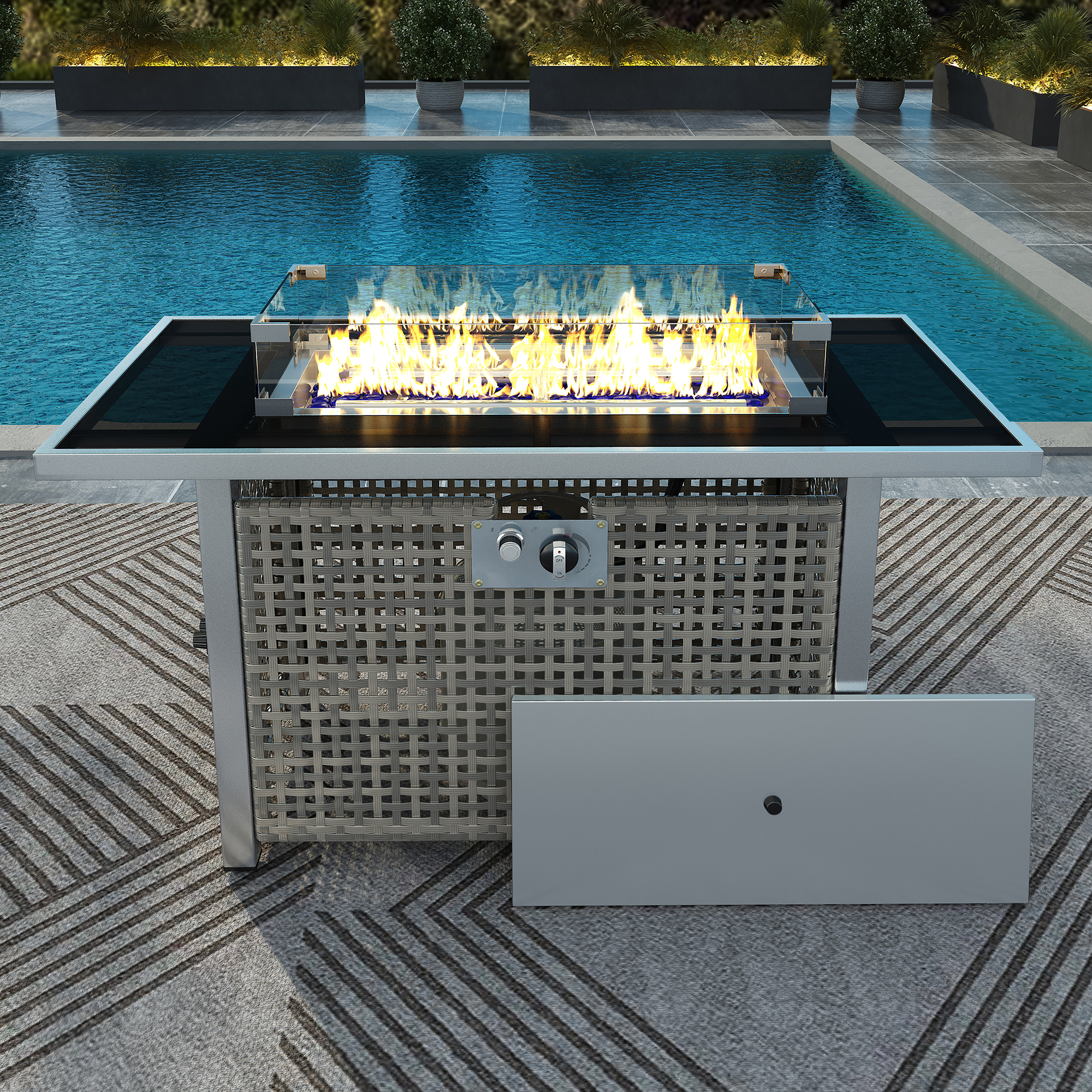 K&K 43" Propane Gas Fire Pit Table, 60000 BTU Rectangular Open Weave Wicker Fire Pit with Glass Wind Guard for Outside Patio Deck Garden Backyard - Grey - Image 2