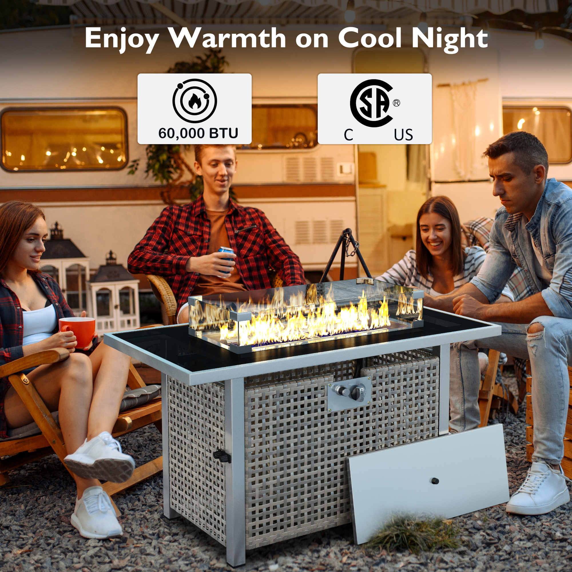 K&K 43" Propane Gas Fire Pit Table, 60000 BTU Rectangular Open Weave Wicker Fire Pit with Glass Wind Guard for Outside Patio Deck Garden Backyard - Grey - Image 3