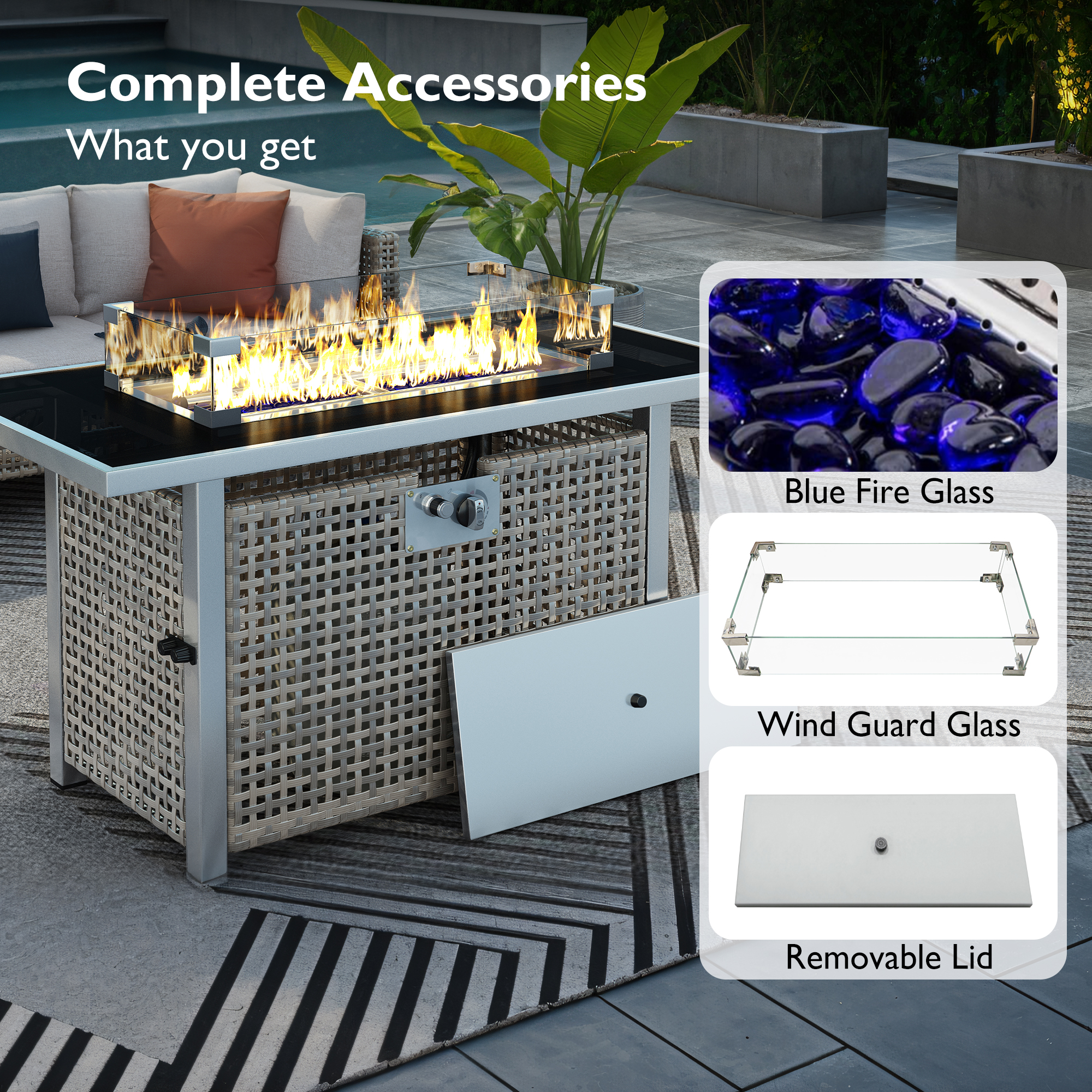 K&K 43" Propane Gas Fire Pit Table, 60000 BTU Rectangular Open Weave Wicker Fire Pit with Glass Wind Guard for Outside Patio Deck Garden Backyard - Grey - Image 5