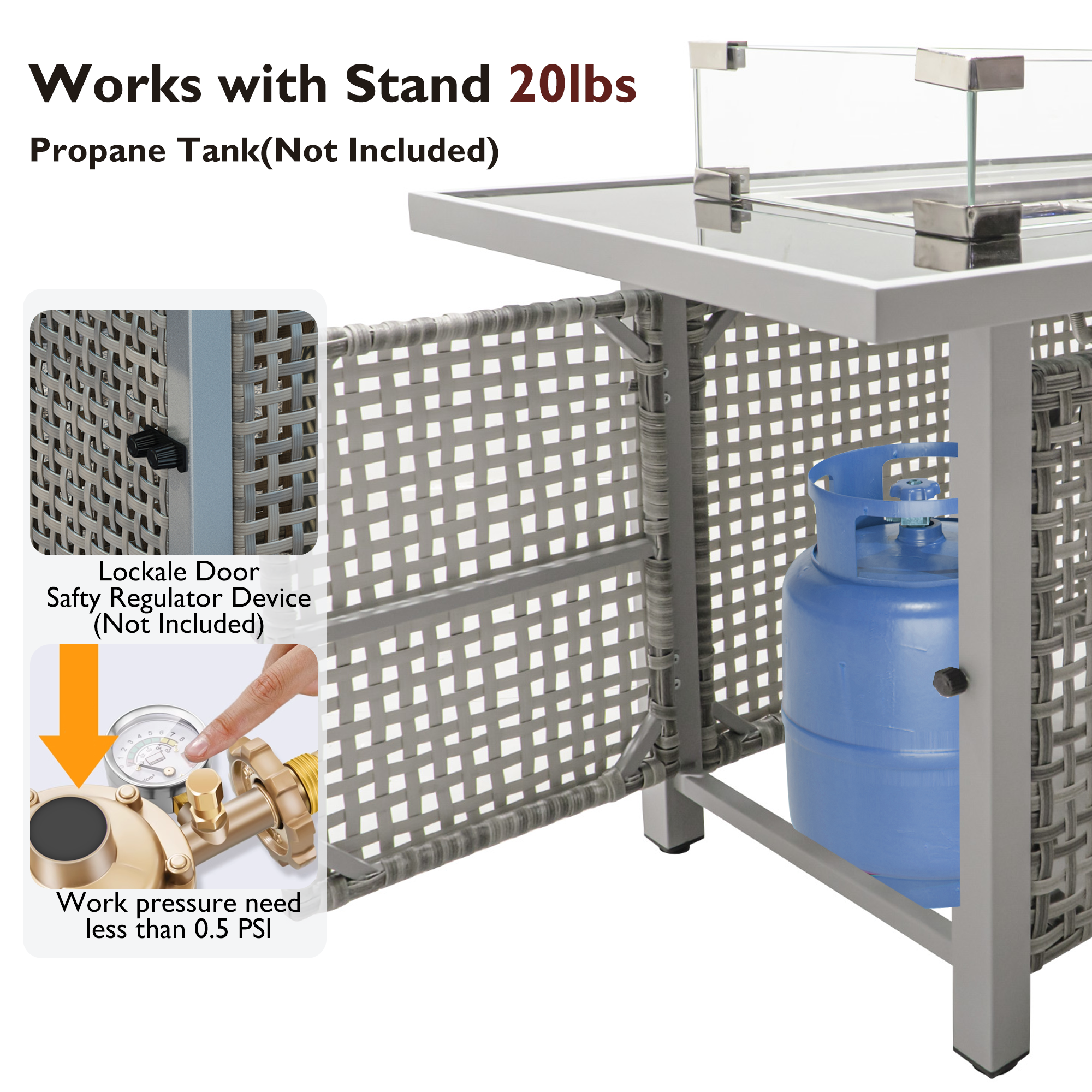 K&K 43" Propane Gas Fire Pit Table, 60000 BTU Rectangular Open Weave Wicker Fire Pit with Glass Wind Guard for Outside Patio Deck Garden Backyard - Grey - Image 6