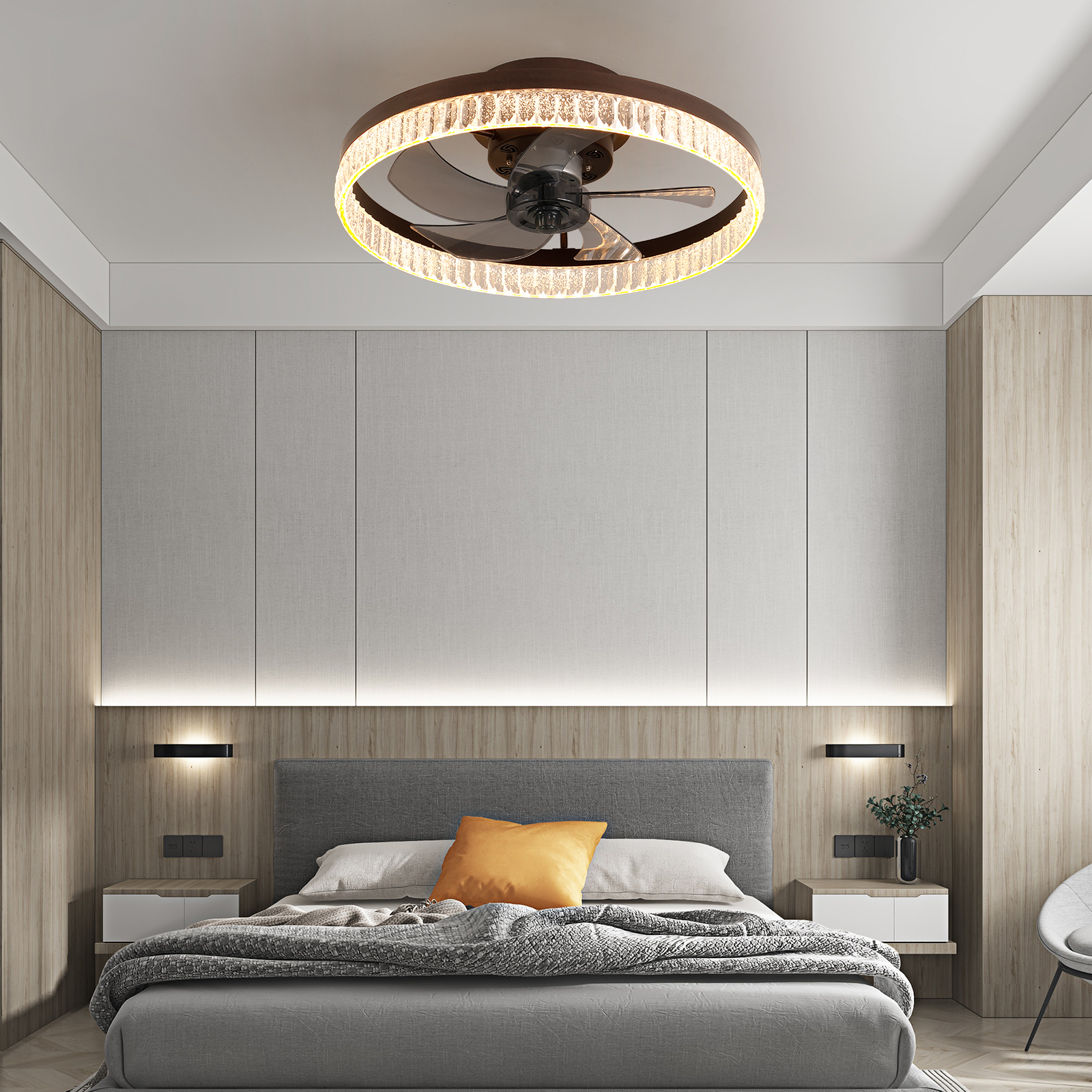 20″ Brown Ceiling Fan with LED Light – Modern Flush Mount Fan Light for Bedroom, Living Room, and Home Décor with Crystal Ring Design
