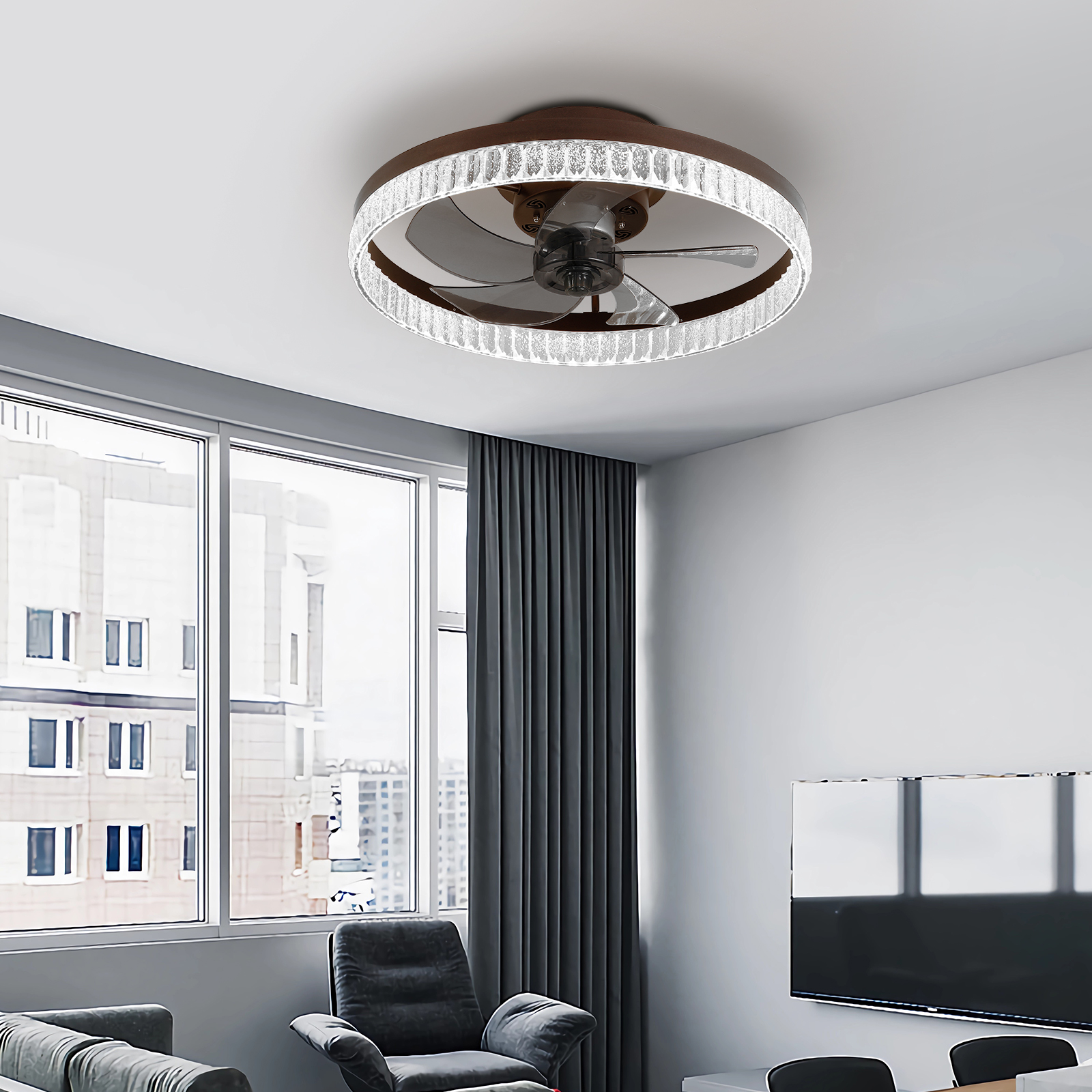 20" Brown Ceiling Fan with LED Light – Modern Flush Mount Fan Light for Bedroom, Living Room, and Home Décor with Crystal Ring Design - Image 2