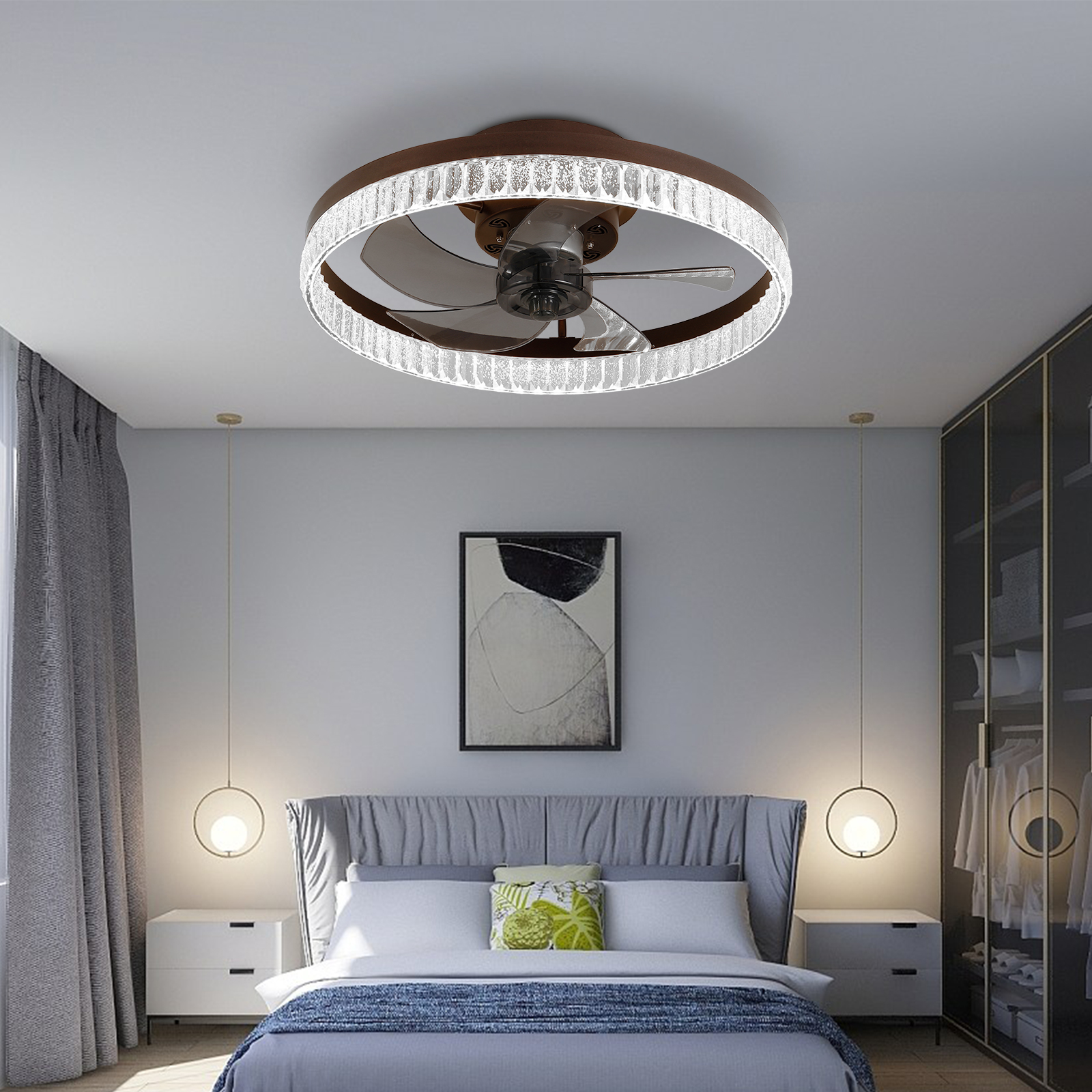 20" Brown Ceiling Fan with LED Light – Modern Flush Mount Fan Light for Bedroom, Living Room, and Home Décor with Crystal Ring Design - Image 3