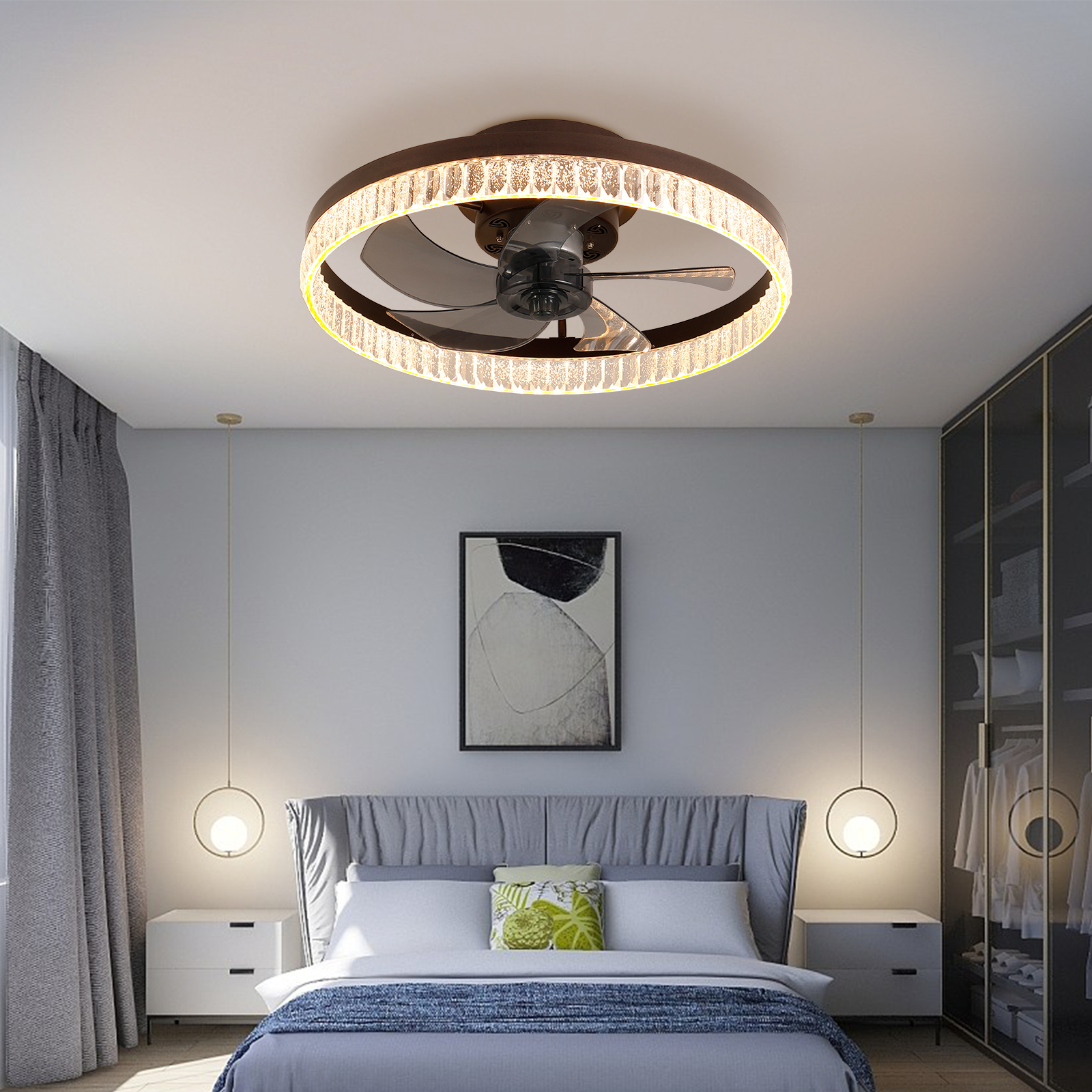 20" Brown Ceiling Fan with LED Light – Modern Flush Mount Fan Light for Bedroom, Living Room, and Home Décor with Crystal Ring Design - Image 4