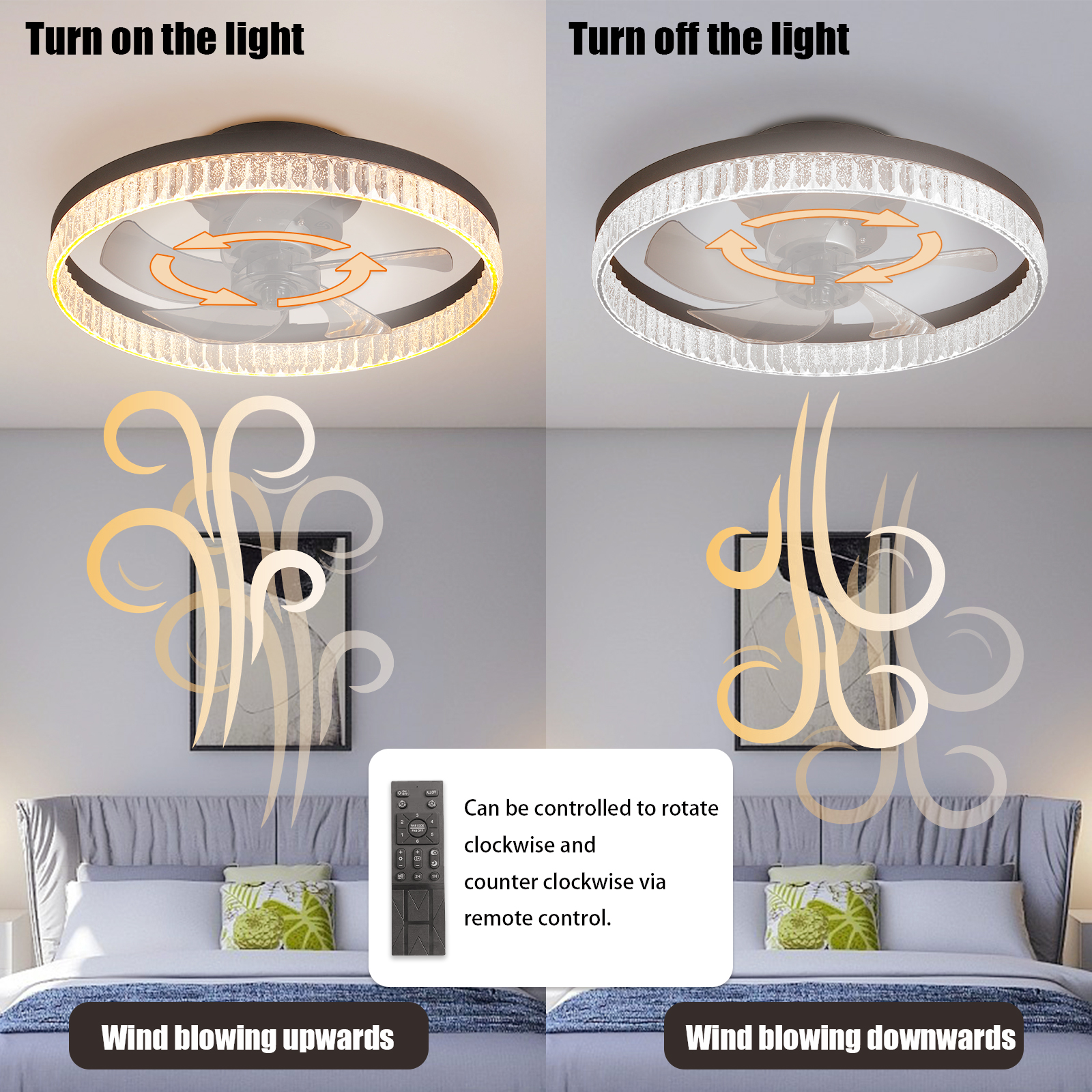 20" Brown Ceiling Fan with LED Light – Modern Flush Mount Fan Light for Bedroom, Living Room, and Home Décor with Crystal Ring Design - Image 5