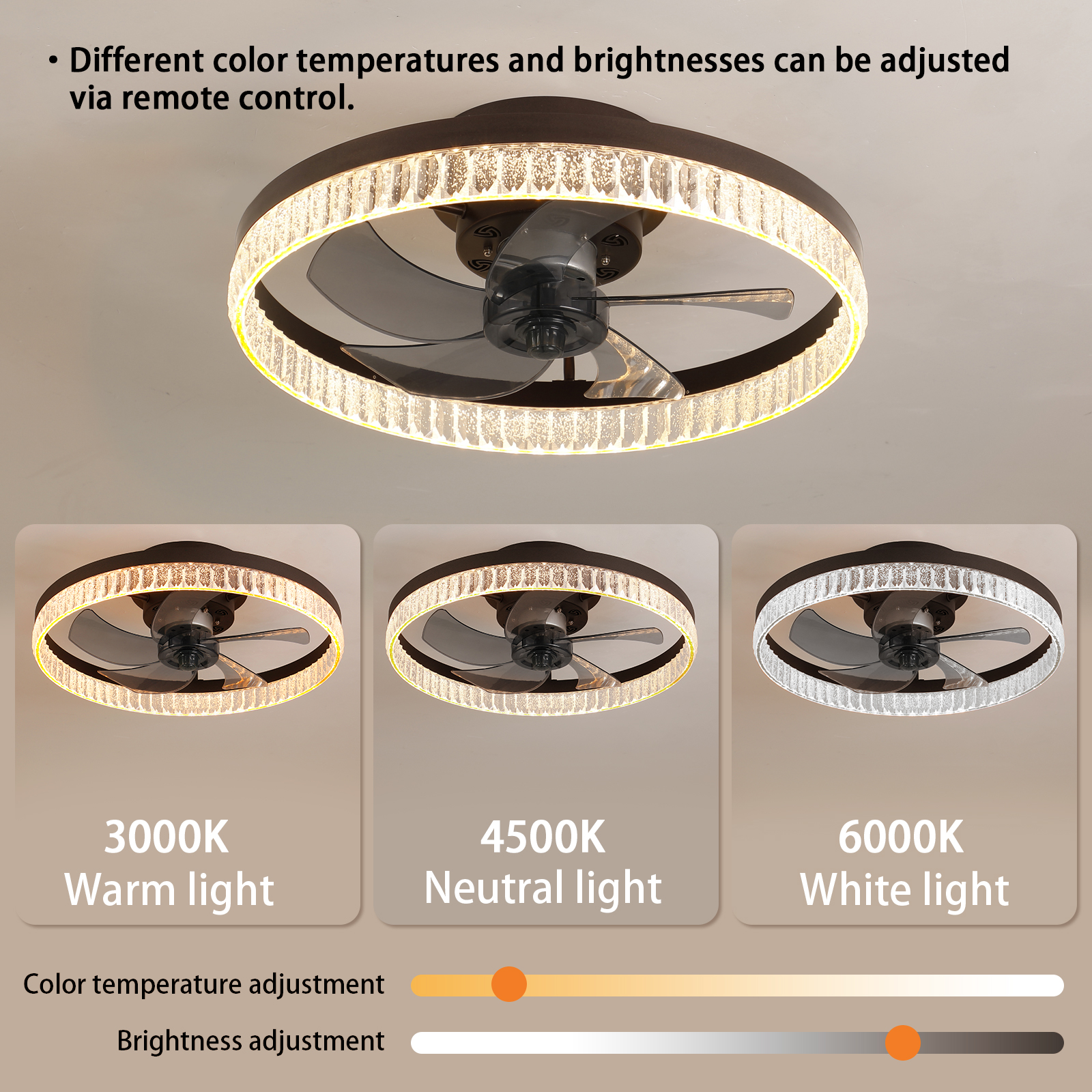 20" Brown Ceiling Fan with LED Light – Modern Flush Mount Fan Light for Bedroom, Living Room, and Home Décor with Crystal Ring Design - Image 6