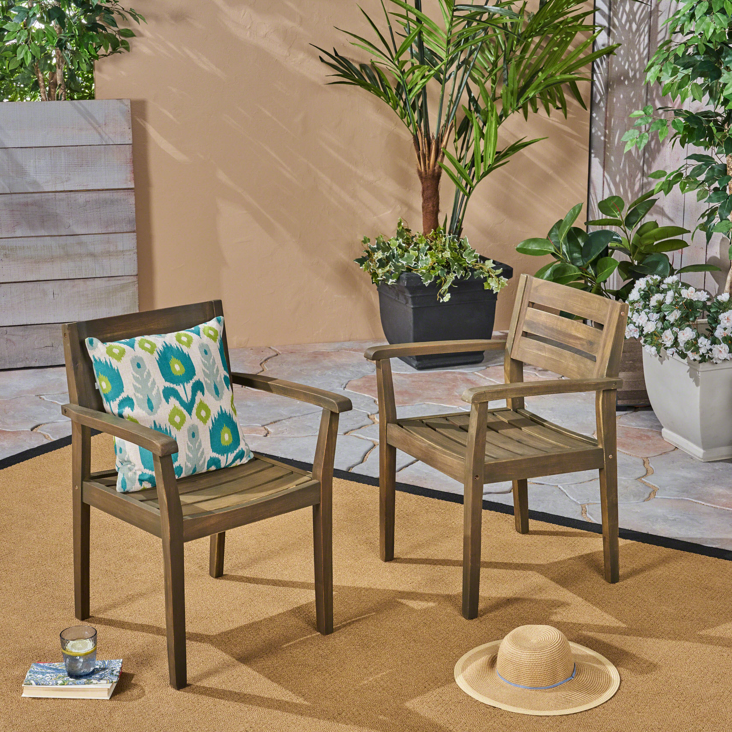 STAMFORD Dining Chairs Set of 2,Acacia Wood Patio Armchair,for Backyard, Poolside, Garden,Grey - Image 2
