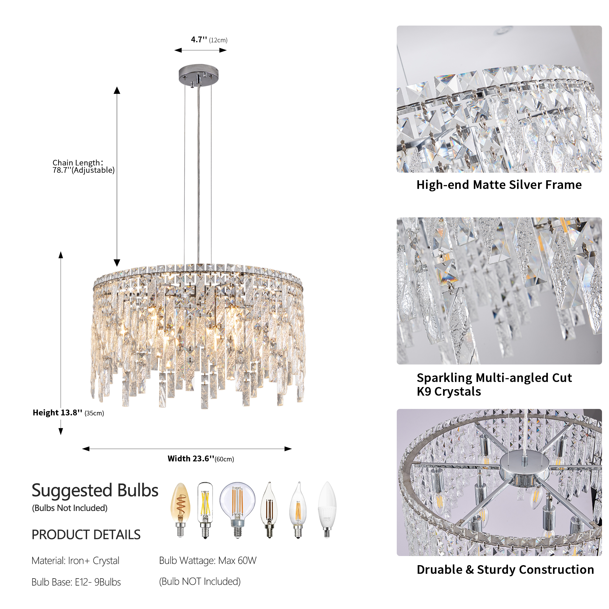 (Same as W1340P189437/L5024-600-C) 24" Luxurious Round Silver Crystal Chandelier, Contemporary Rectangular Pendant Light for Dining Room, Living Room, and Grand Foyers (Bulbs Not Included) - Image 2