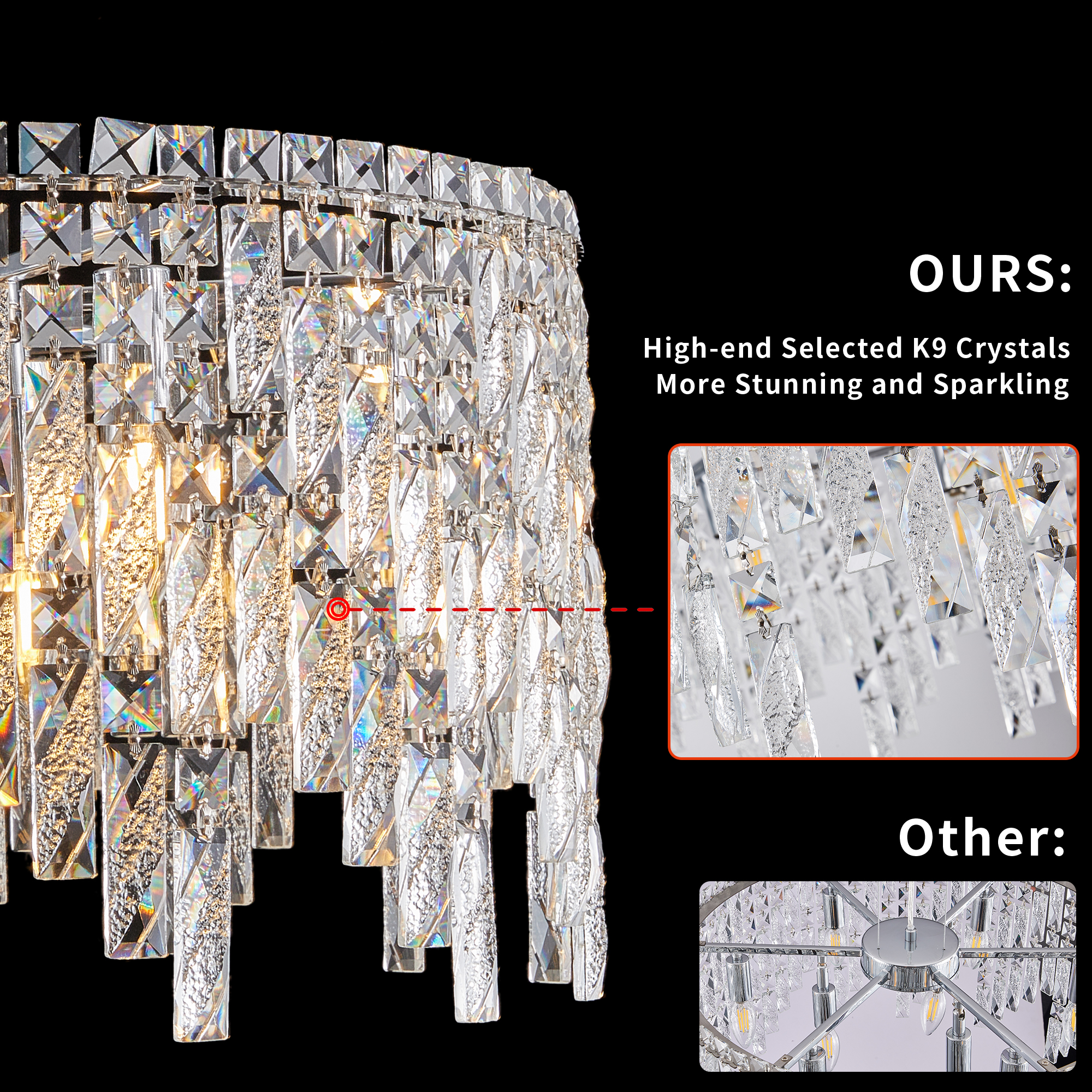 (Same as W1340P189437/L5024-600-C) 24" Luxurious Round Silver Crystal Chandelier, Contemporary Rectangular Pendant Light for Dining Room, Living Room, and Grand Foyers (Bulbs Not Included) - Image 3