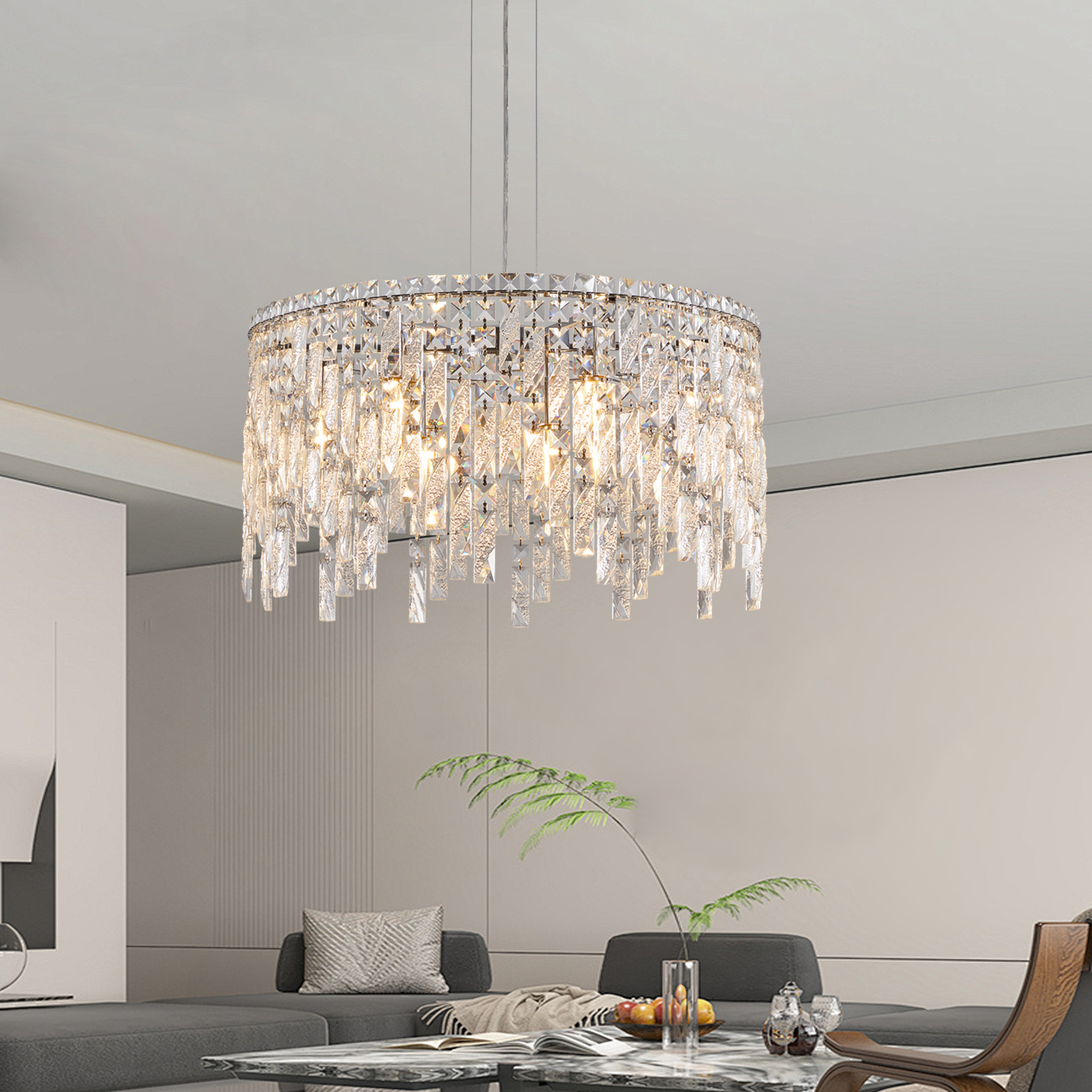 (Same as W1340P189437/L5024-600-C) 24" Luxurious Round Silver Crystal Chandelier, Contemporary Rectangular Pendant Light for Dining Room, Living Room, and Grand Foyers (Bulbs Not Included) - Image 5