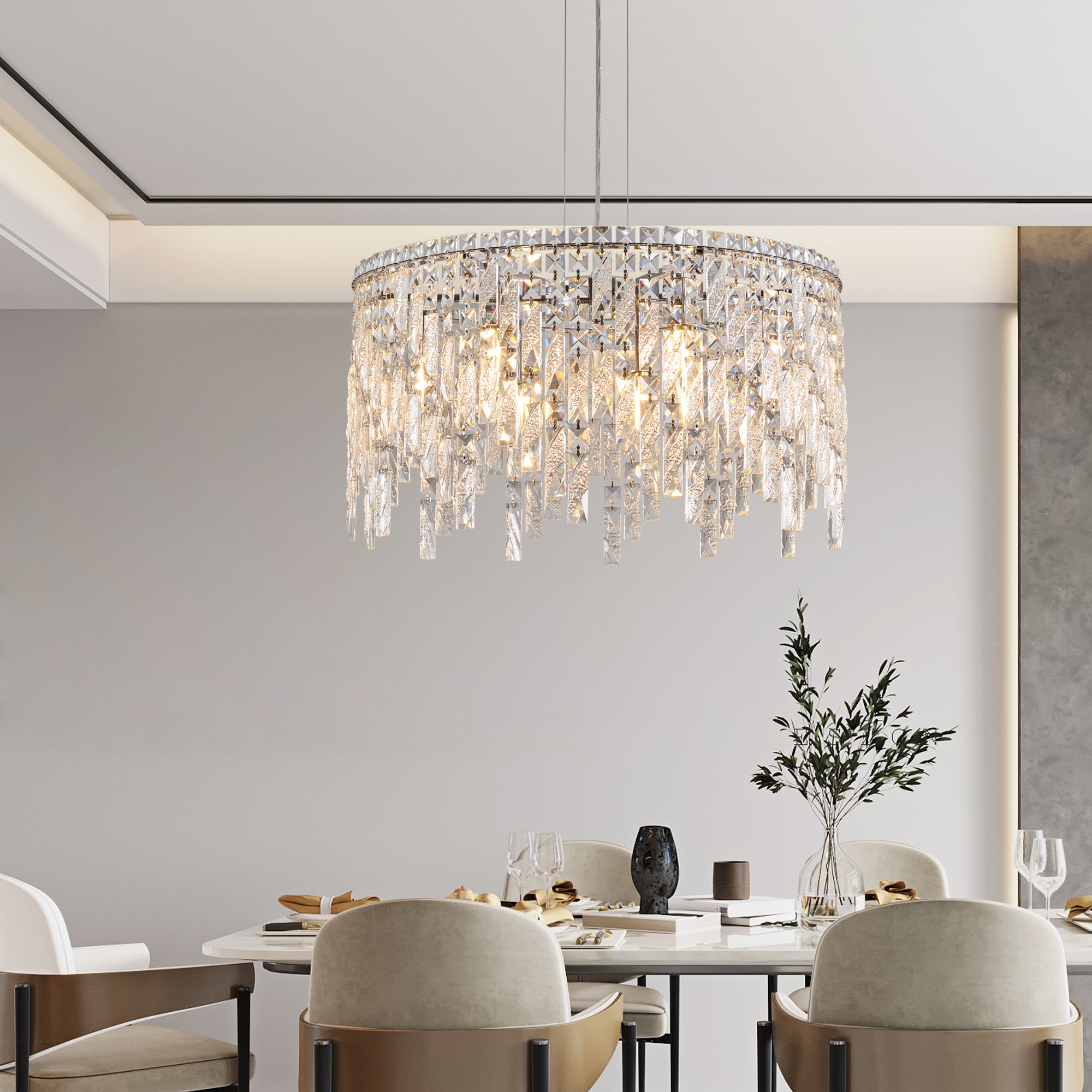 (Same as W1340P189437/L5024-600-C) 24" Luxurious Round Silver Crystal Chandelier, Contemporary Rectangular Pendant Light for Dining Room, Living Room, and Grand Foyers (Bulbs Not Included) - Image 4