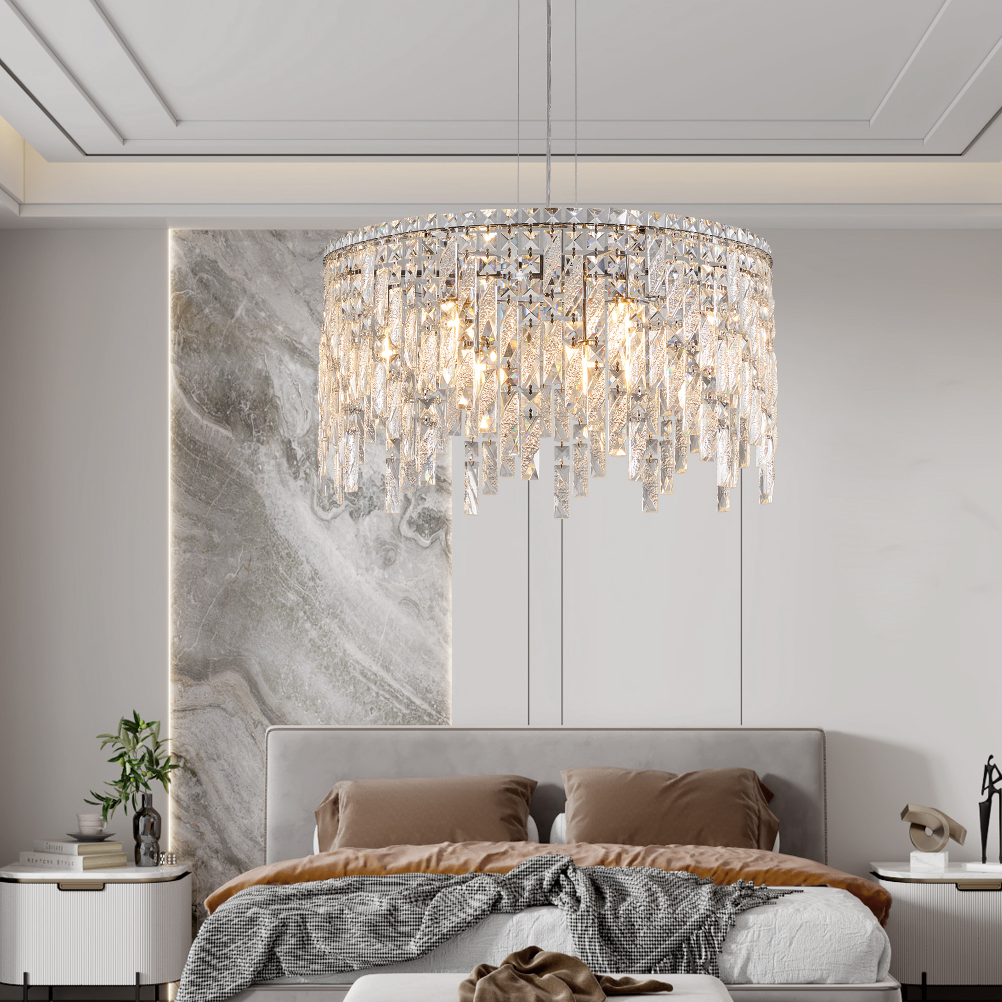 (Same as W1340P189437/L5024-600-C) 24" Luxurious Round Silver Crystal Chandelier, Contemporary Rectangular Pendant Light for Dining Room, Living Room, and Grand Foyers (Bulbs Not Included) - Image 6