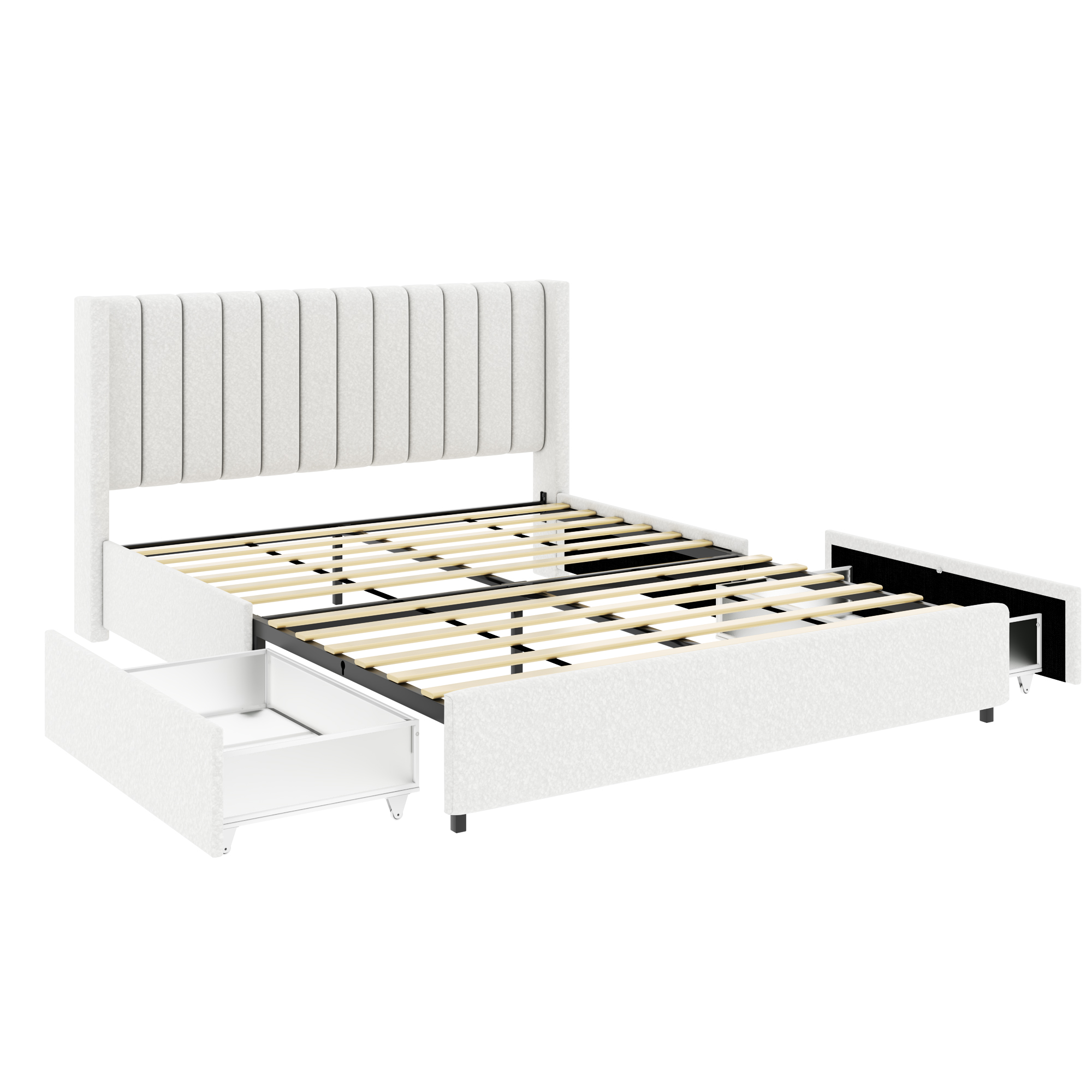 Anda Patented 2-Drawers Storage Bed Queen Size Ivory Boucle Upholstered Platform Bed, Tufted Headboard, Wooden Slat Mattress Support, No Box Spring Needed - Image 6