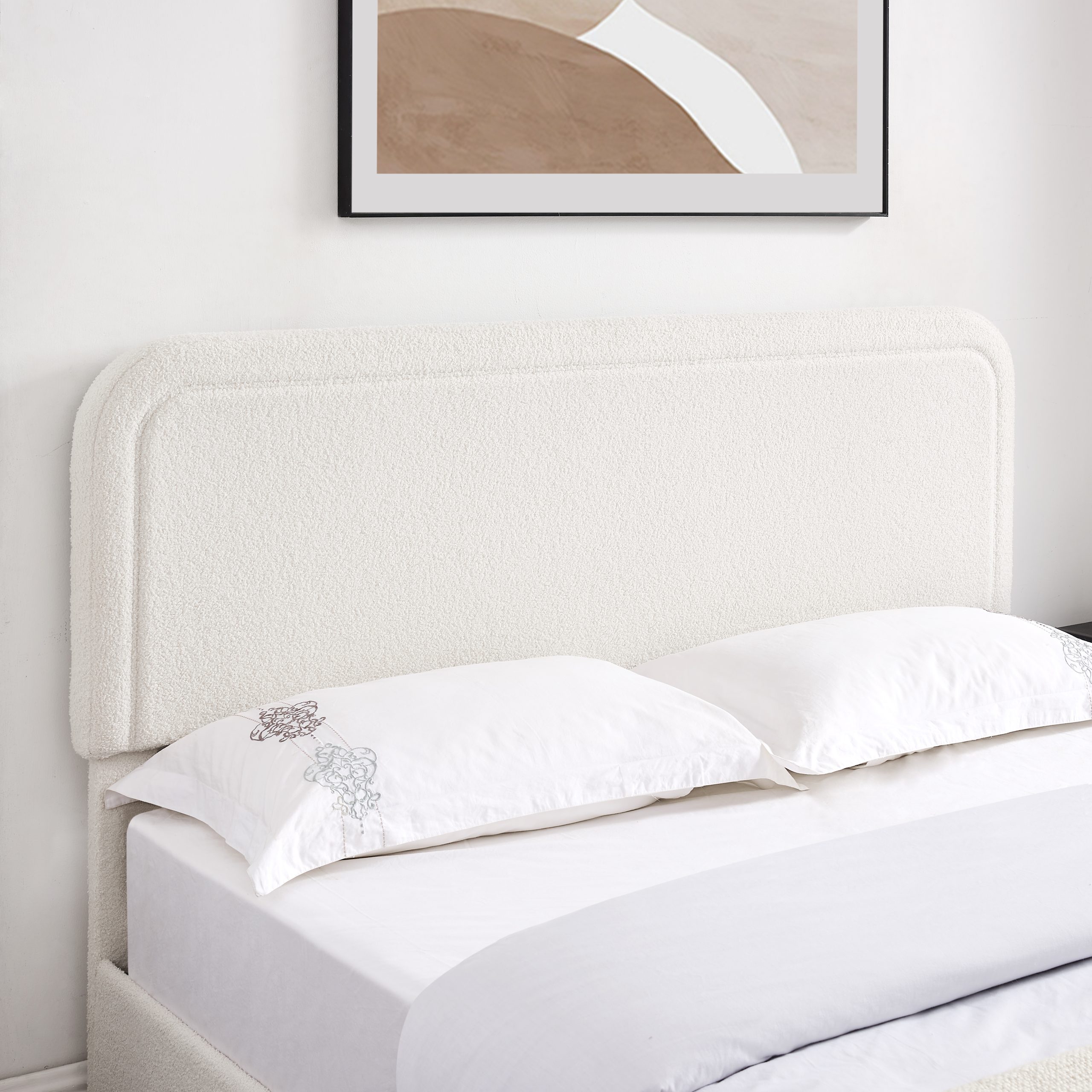 Liv Patented 2-Drawers Storage Bed Queen Size Ivory Boucle Upholstered Platform Bed, Curved Stitched Tufted Headboard, Wooden Slat Mattress Support, No Box Spring Needed - Image 3