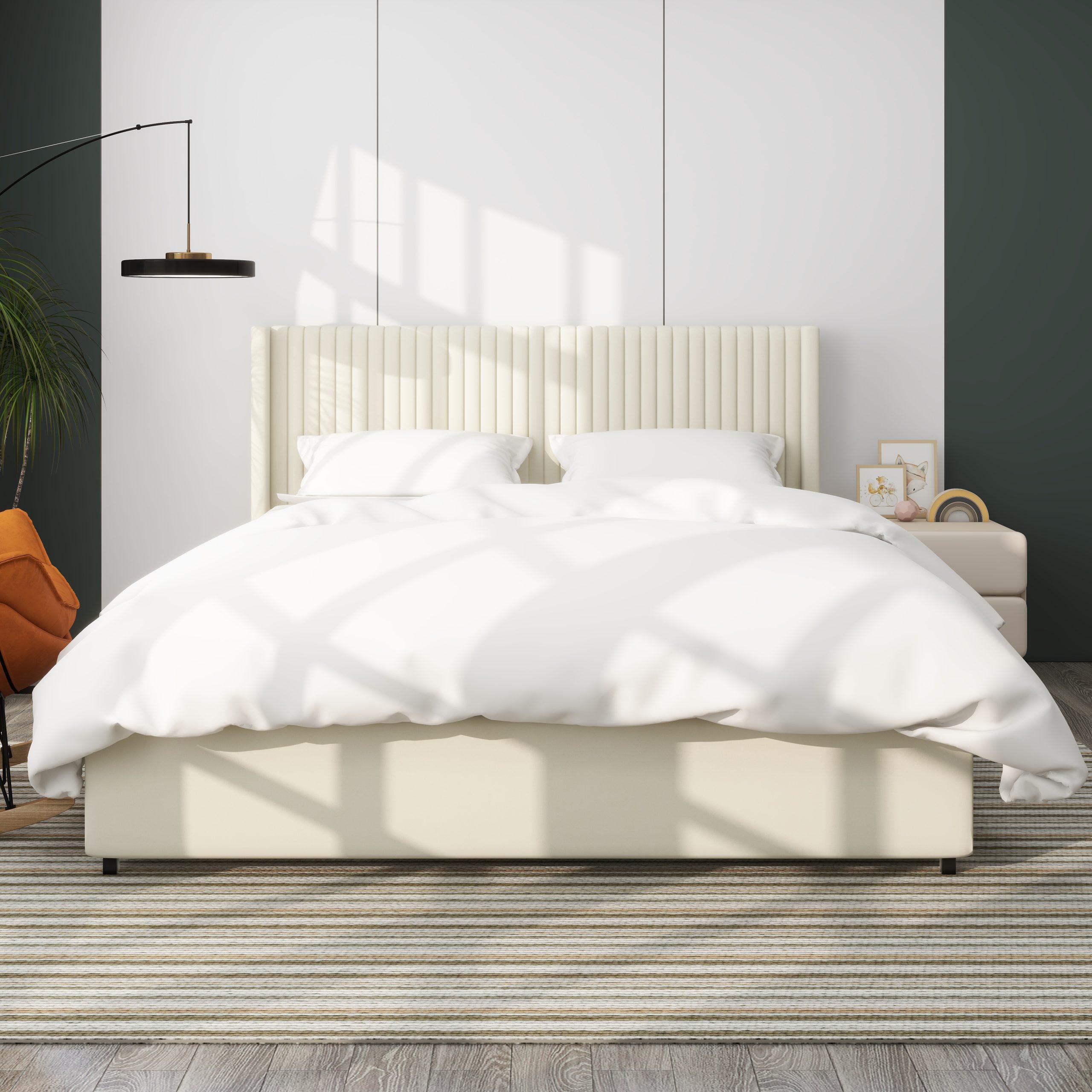 Anna Patented 2-Drawer Storage Bed Queen Size Ivory Velvet Upholstered Wingback Platform Bed, Modern Design Headboard with Tight Channel, Wooden Slat Mattress Support No Box Spring Needed - Image 3