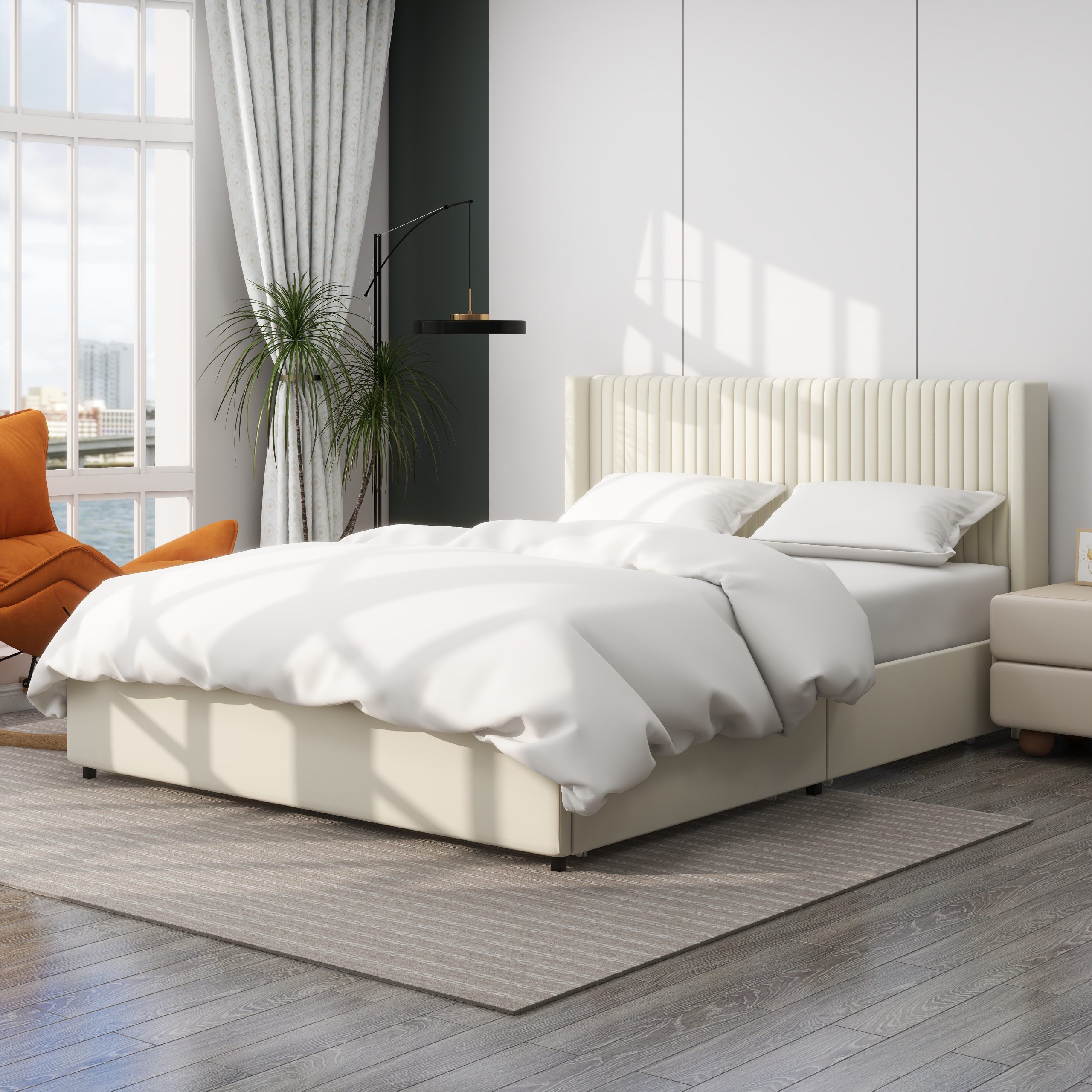 Anna Patented 2-Drawer Storage Bed Queen Size Ivory Velvet Upholstered Wingback Platform Bed, Modern Design Headboard with Tight Channel, Wooden Slat Mattress Support No Box Spring Needed - Image 4