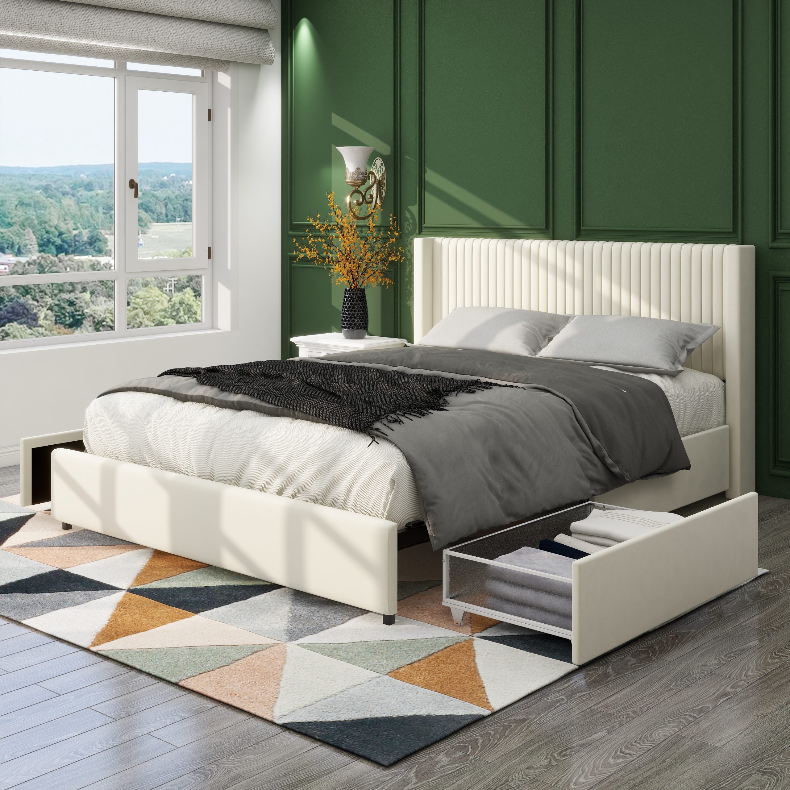 Anna Patented 2-Drawer Storage Bed Queen Size Ivory Velvet Upholstered Wingback Platform Bed, Modern Design Headboard with Tight Channel, Wooden Slat Mattress Support No Box Spring Needed - Image 5