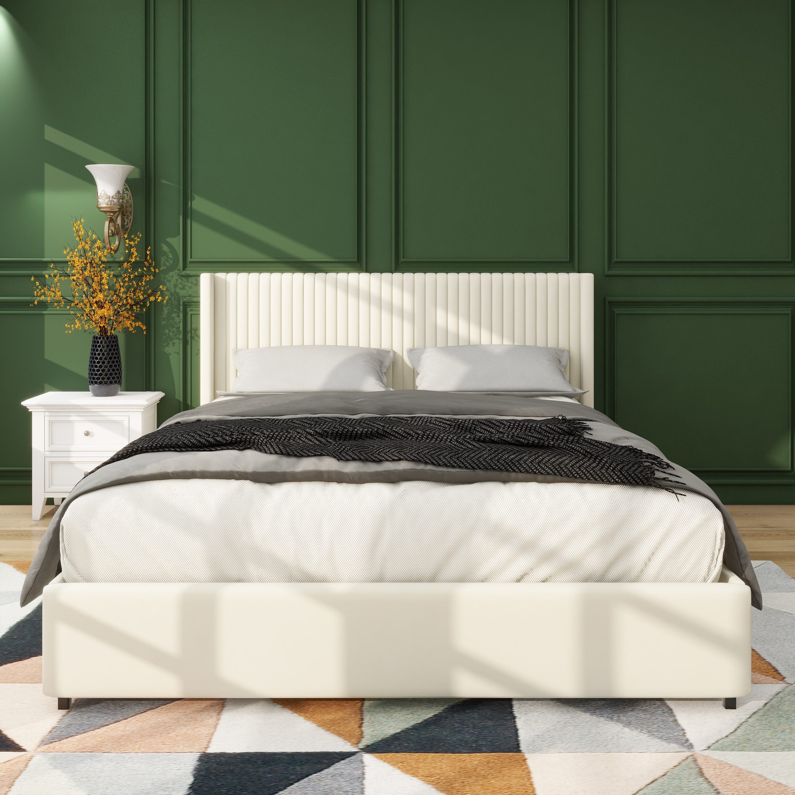 Anna Patented 2-Drawer Storage Bed Queen Size Ivory Velvet Upholstered Wingback Platform Bed, Modern Design Headboard with Tight Channel, Wooden Slat Mattress Support No Box Spring Needed - Image 6