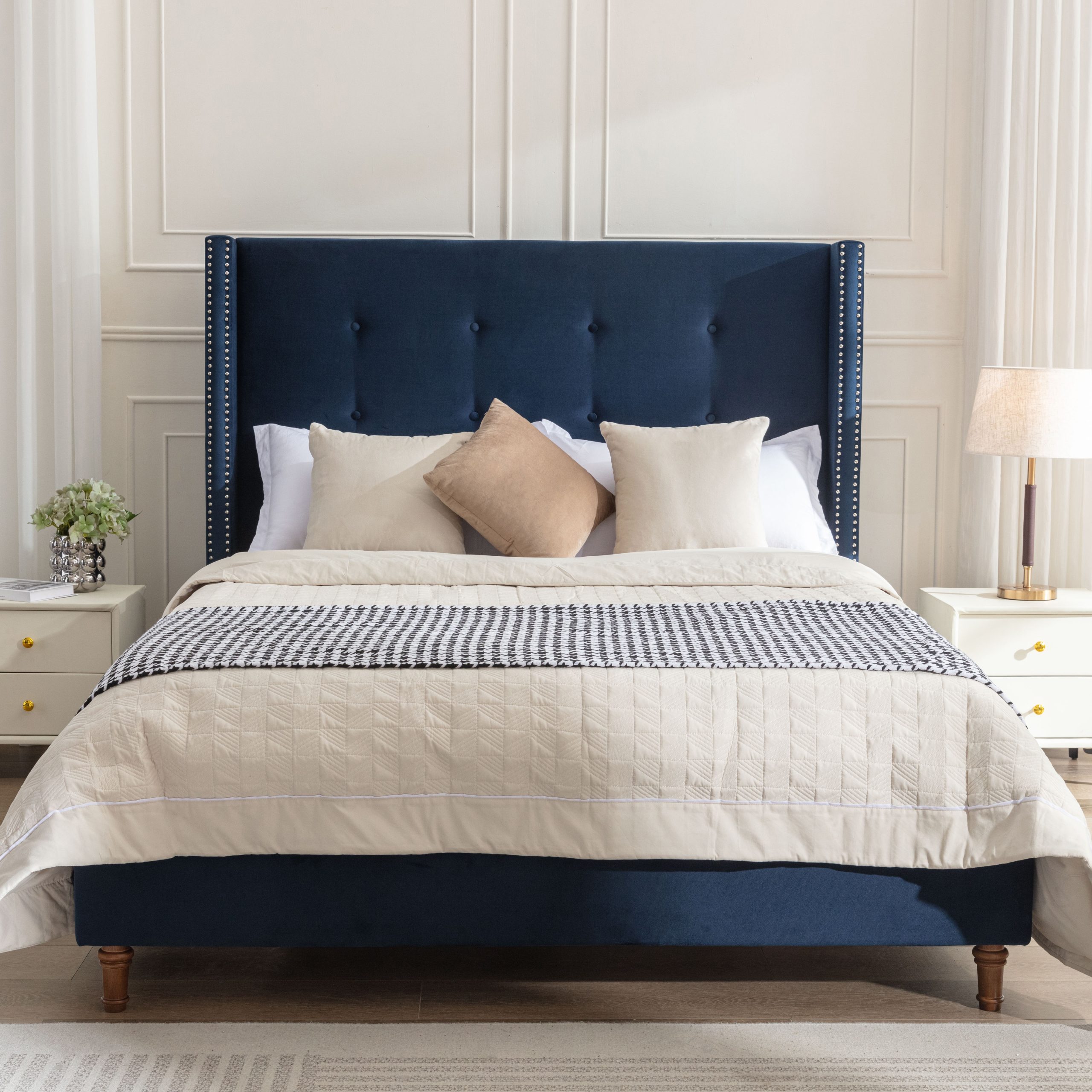Peyton Upholstered Queen Bed / 54″ High Headboard / Traditional Hand Buttoned Tufting / Nailhead Trim Wingback / No Box Spring Needed / Easy Assembly / Blue Velvet