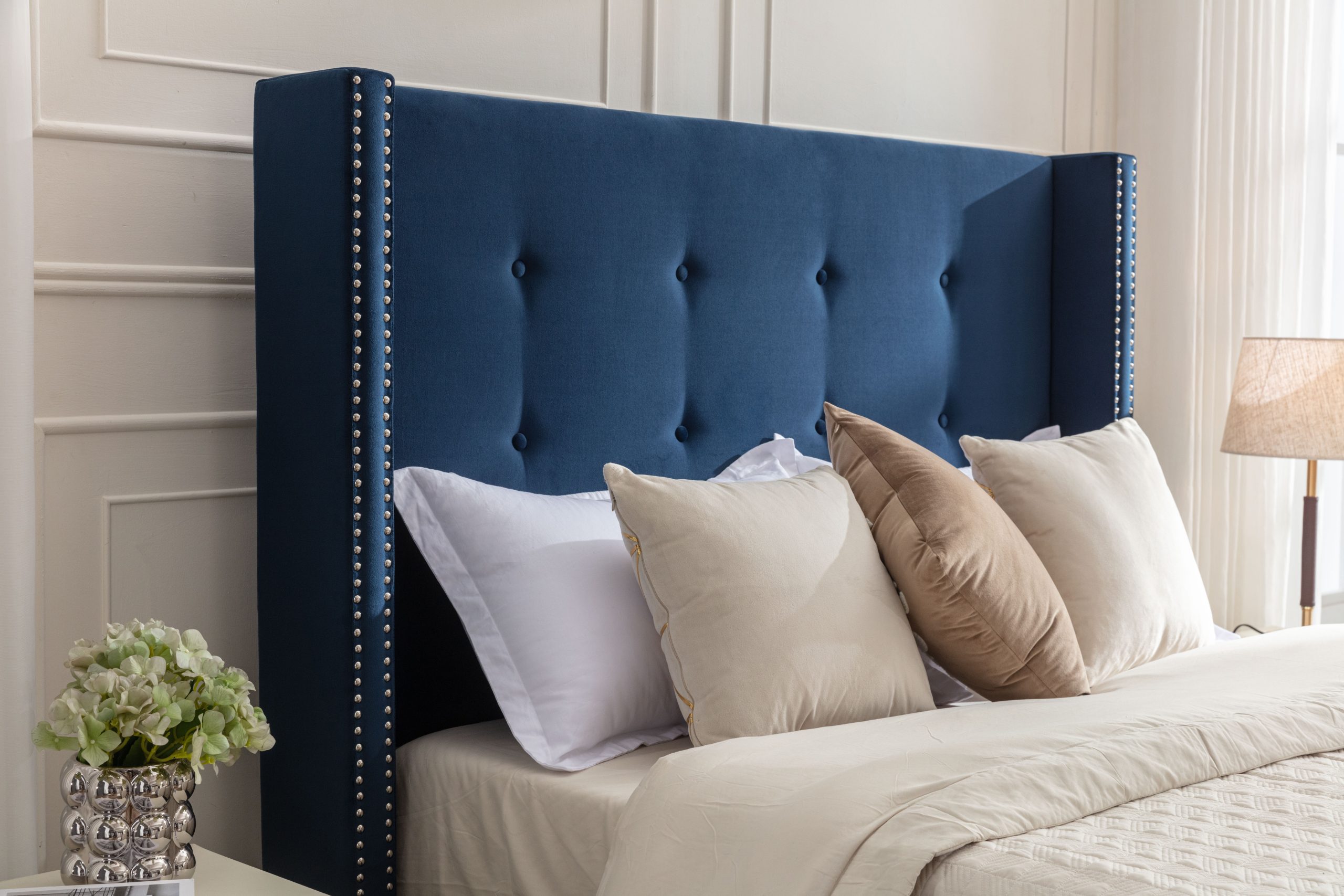 Peyton Upholstered Queen Bed / 54" High Headboard / Traditional Hand Buttoned Tufting / Nailhead Trim Wingback / No Box Spring Needed / Easy Assembly / Blue Velvet - Image 4