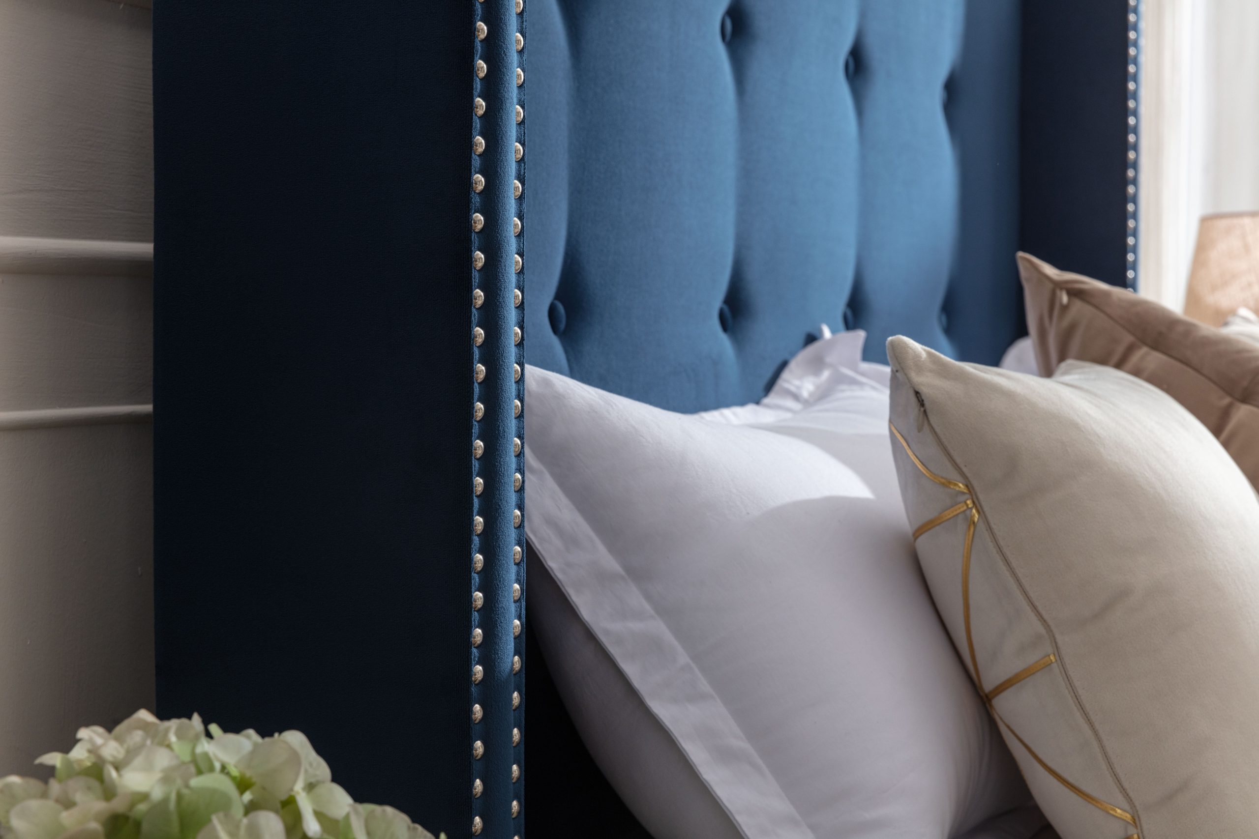 Peyton Upholstered Queen Bed / 54" High Headboard / Traditional Hand Buttoned Tufting / Nailhead Trim Wingback / No Box Spring Needed / Easy Assembly / Blue Velvet - Image 5