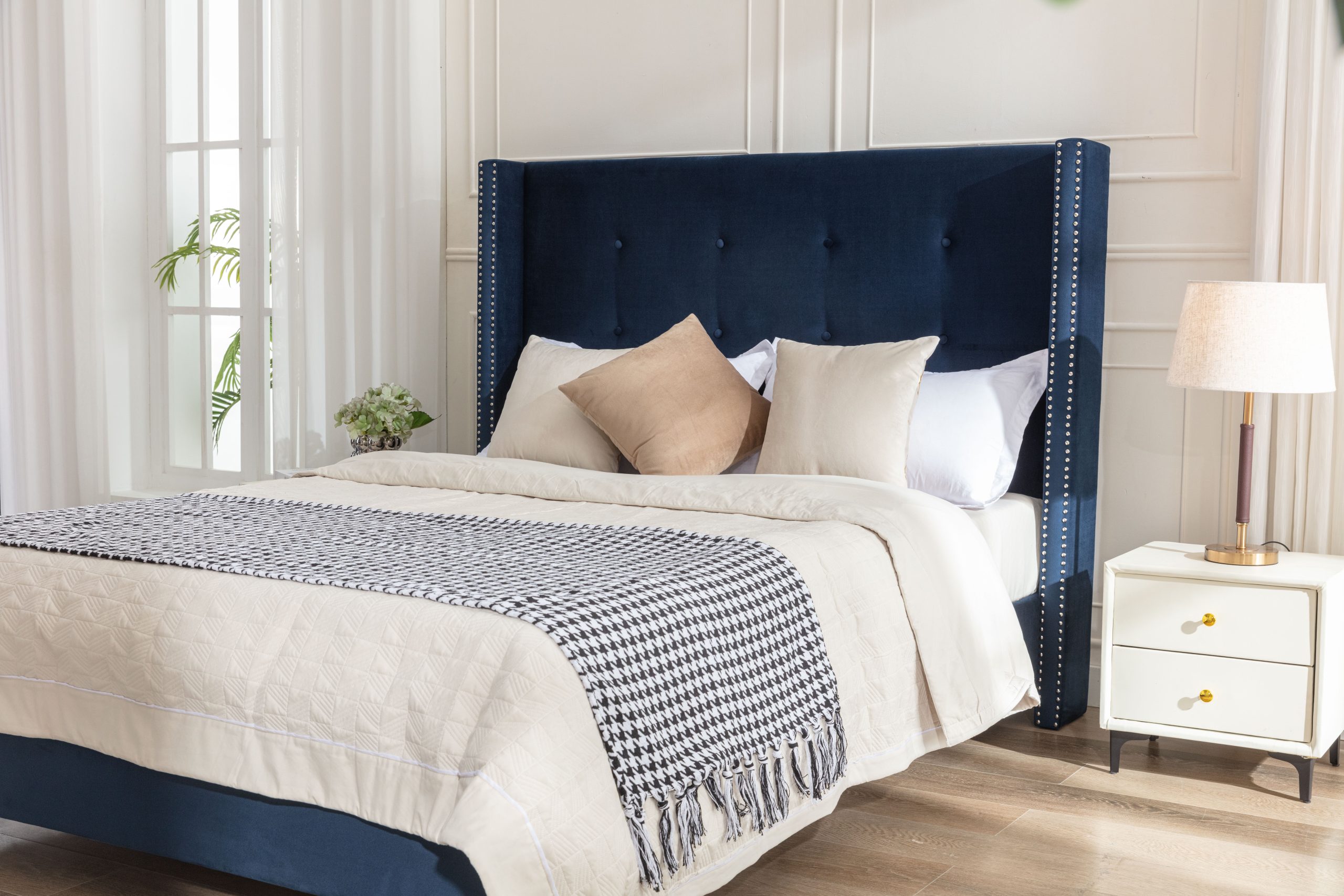 Peyton Upholstered Queen Bed / 54" High Headboard / Traditional Hand Buttoned Tufting / Nailhead Trim Wingback / No Box Spring Needed / Easy Assembly / Blue Velvet - Image 6