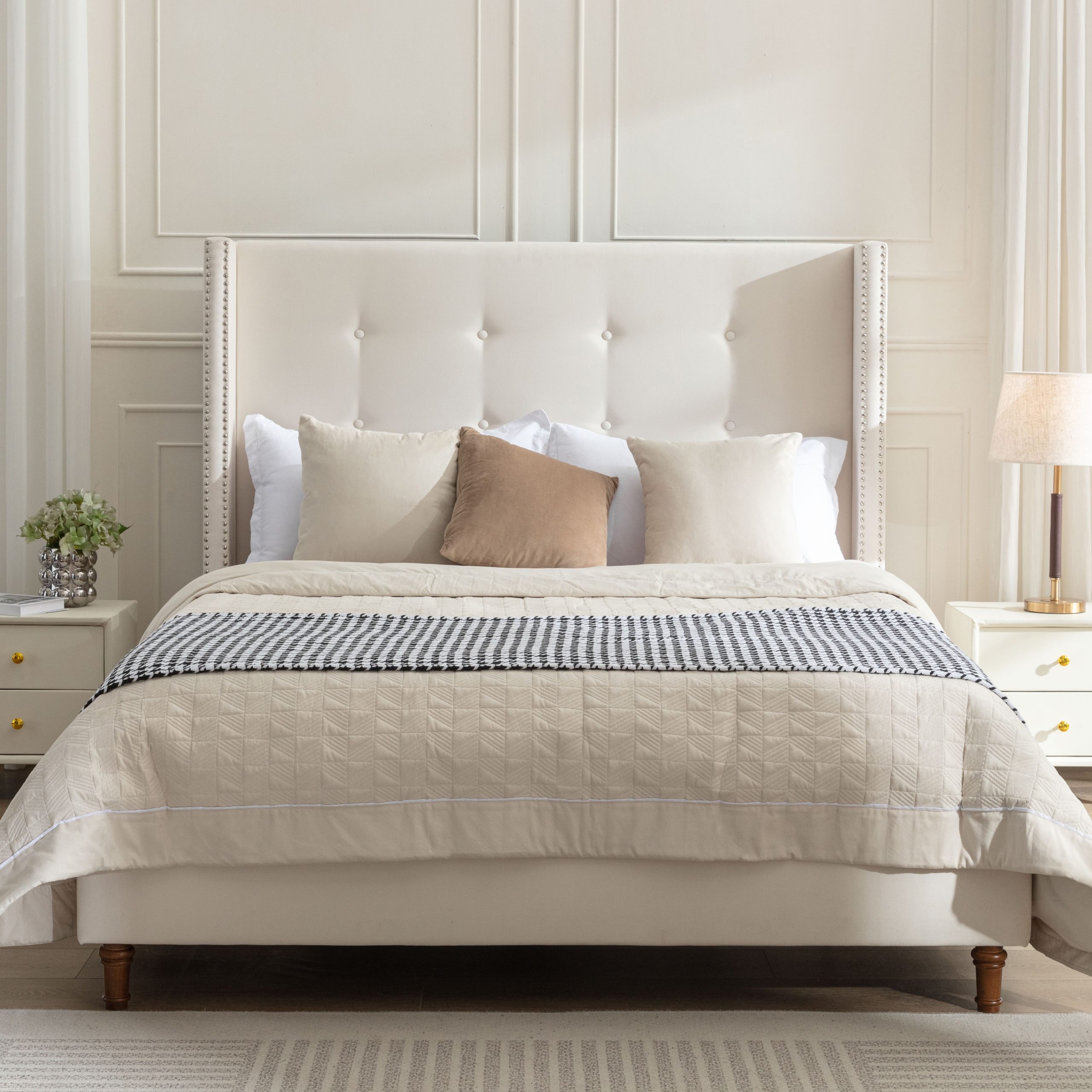 Peyton Upholstered Queen Bed / 54" High Headboard / Traditional Hand Buttoned Tufting / Nailhead Trim Wingback / No Box Spring Needed / Easy Assembly / Ivory Velvet - Image 1