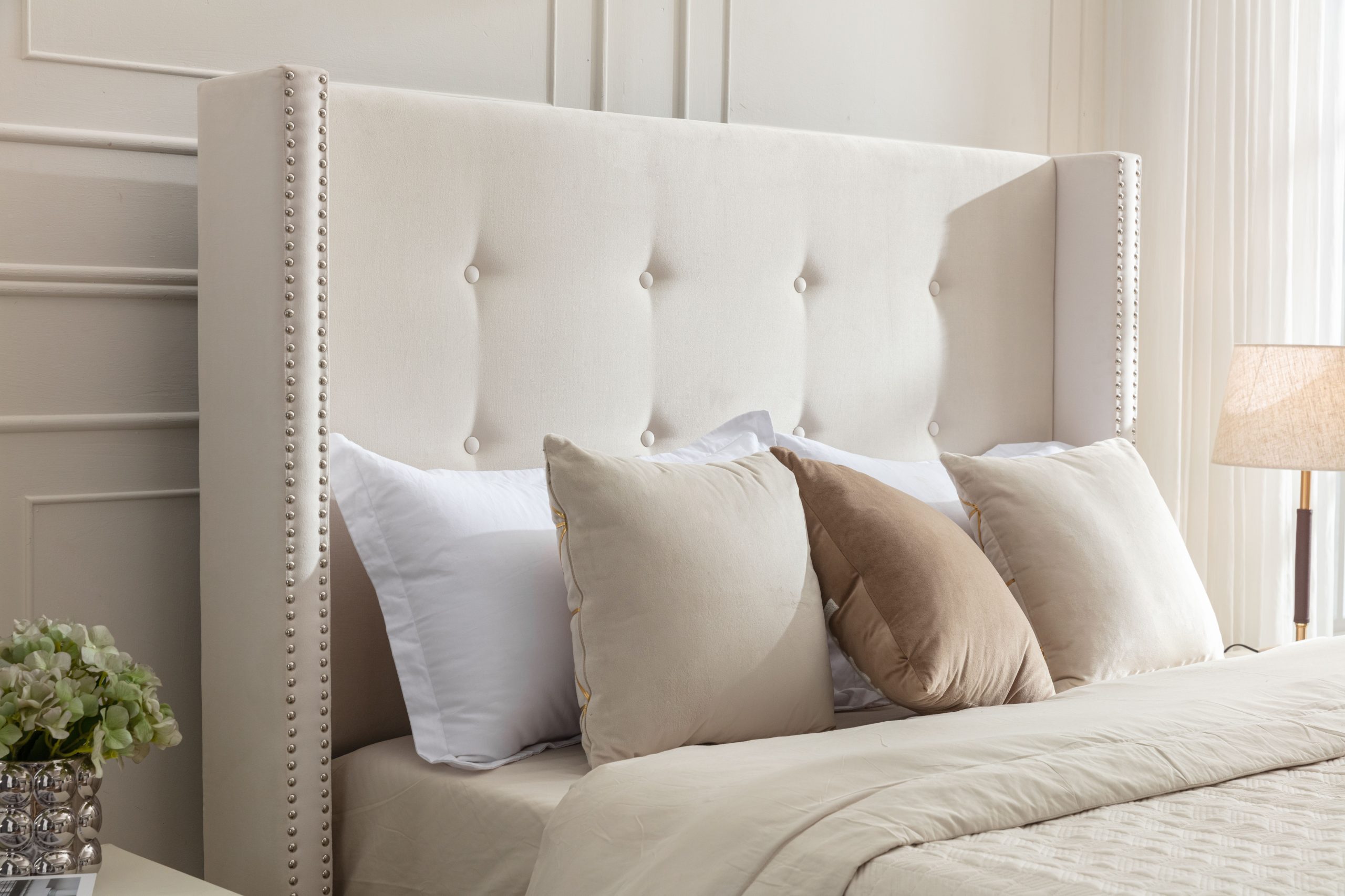 Peyton Upholstered Queen Bed / 54" High Headboard / Traditional Hand Buttoned Tufting / Nailhead Trim Wingback / No Box Spring Needed / Easy Assembly / Ivory Velvet - Image 5