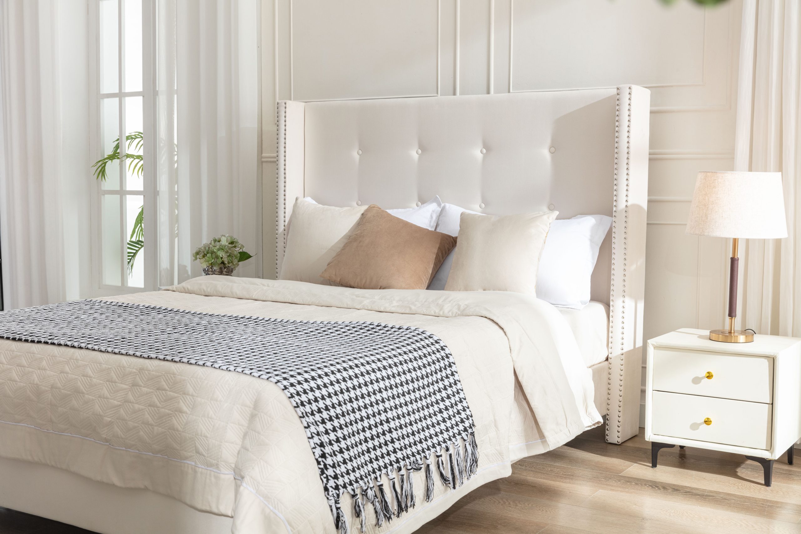 Peyton Upholstered Queen Bed / 54" High Headboard / Traditional Hand Buttoned Tufting / Nailhead Trim Wingback / No Box Spring Needed / Easy Assembly / Ivory Velvet - Image 6