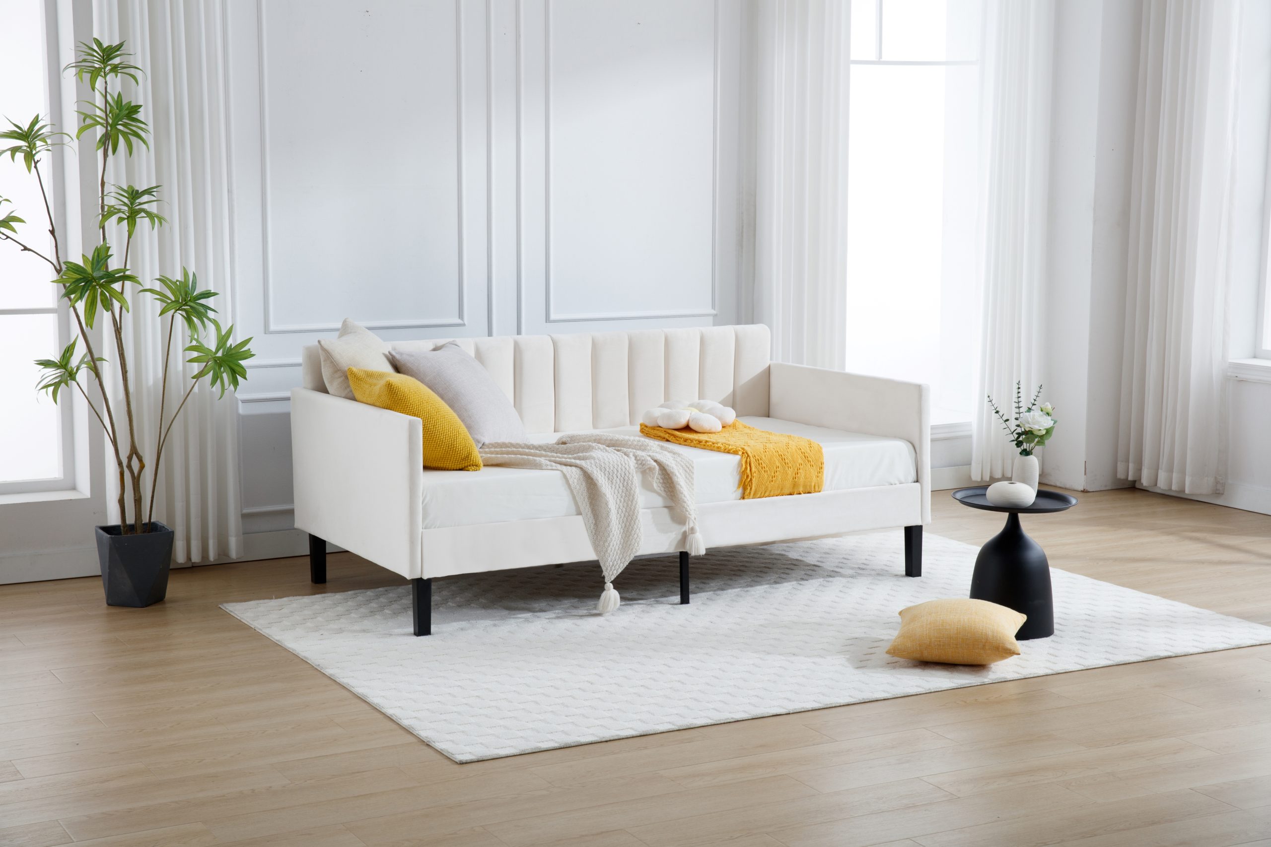 Elena Twin Size Beige Velvet Upholstered Daybed, Ribbed Tufted Backrest, Daybed in Lavish Modern Design, Richly Hued Foam Comfort - Image 3