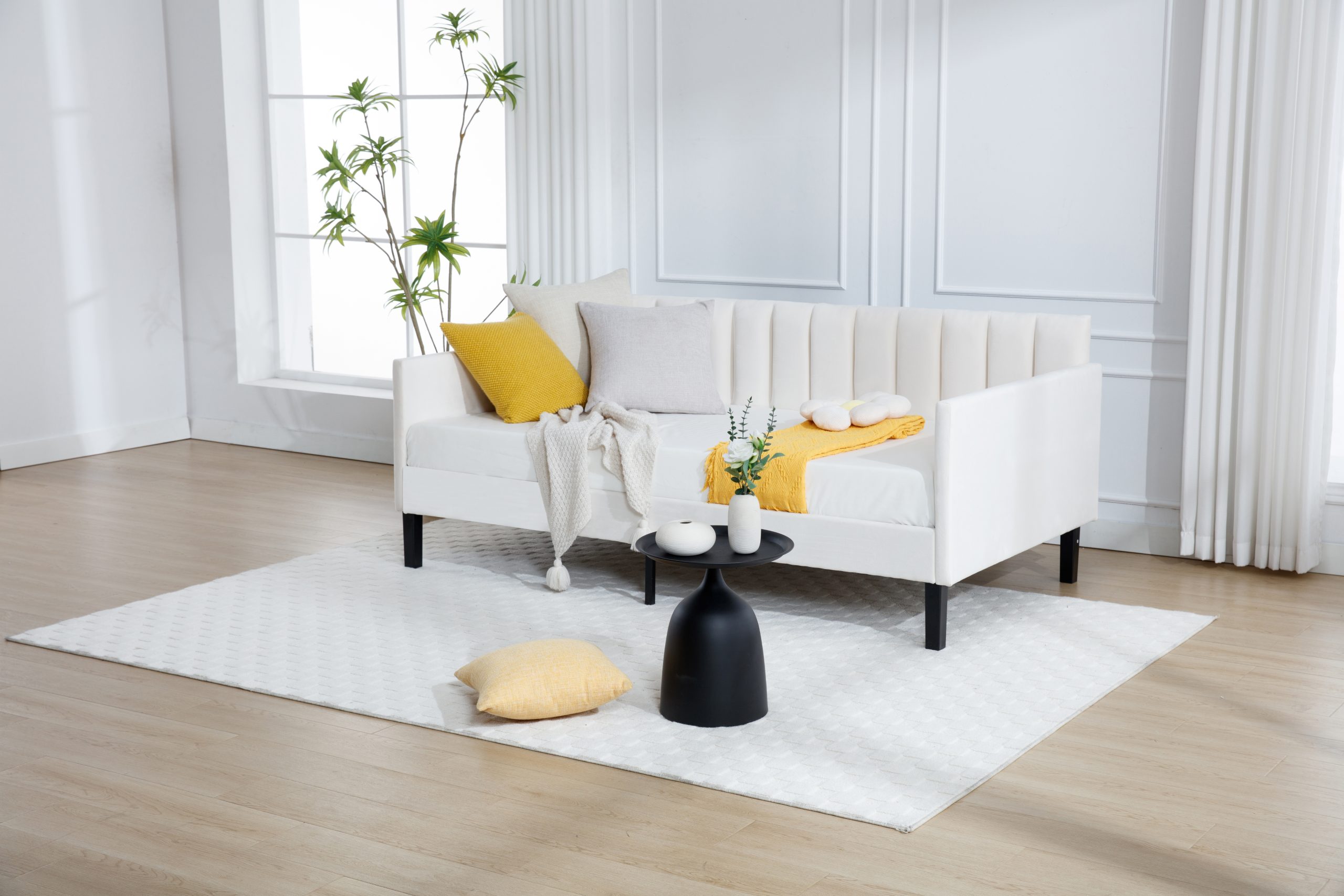 Elena Twin Size Beige Velvet Upholstered Daybed, Ribbed Tufted Backrest, Daybed in Lavish Modern Design, Richly Hued Foam Comfort - Image 4