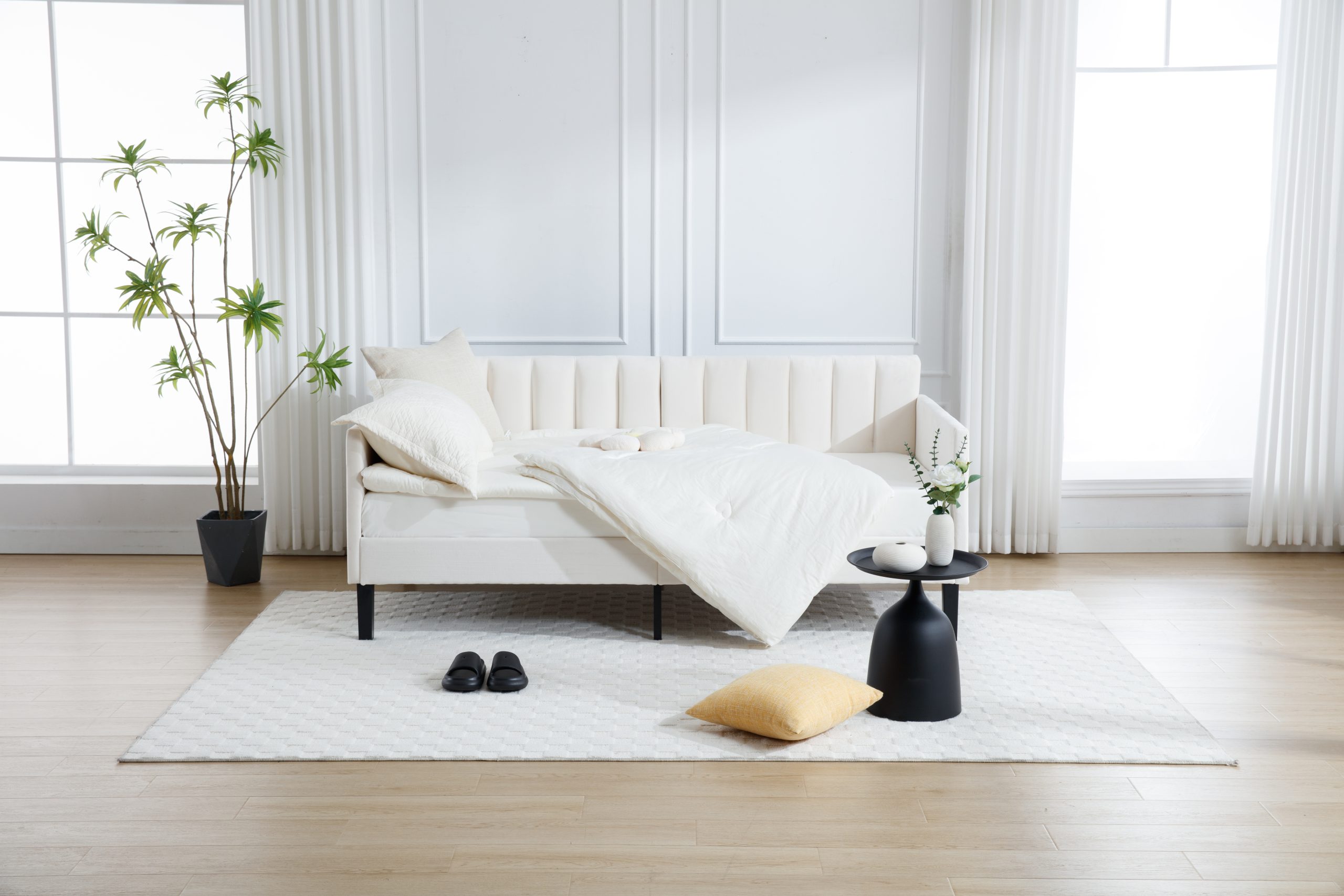 Elena Twin Size Beige Velvet Upholstered Daybed, Ribbed Tufted Backrest, Daybed in Lavish Modern Design, Richly Hued Foam Comfort - Image 5