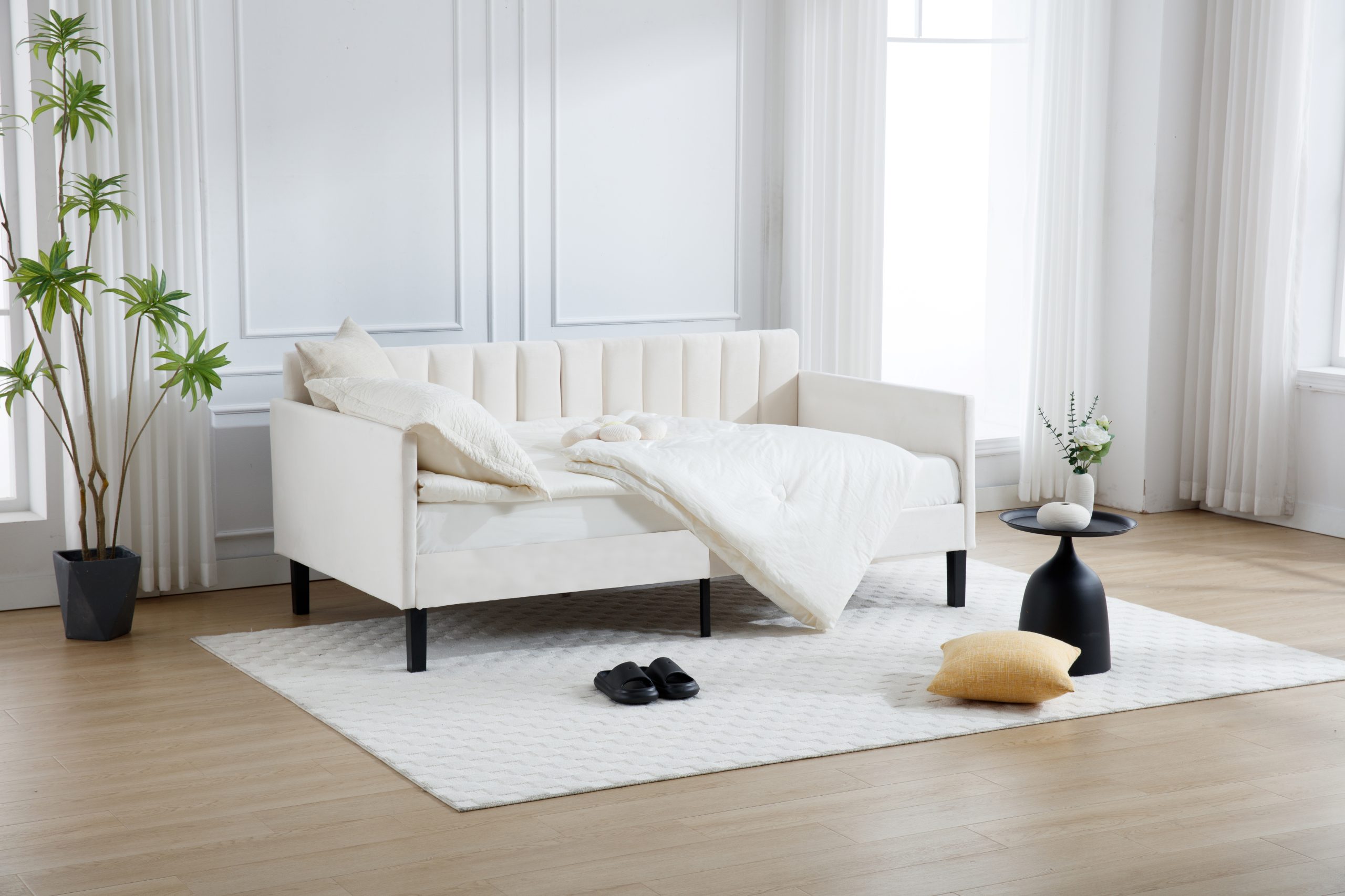 Elena Twin Size Beige Velvet Upholstered Daybed, Ribbed Tufted Backrest, Daybed in Lavish Modern Design, Richly Hued Foam Comfort - Image 6