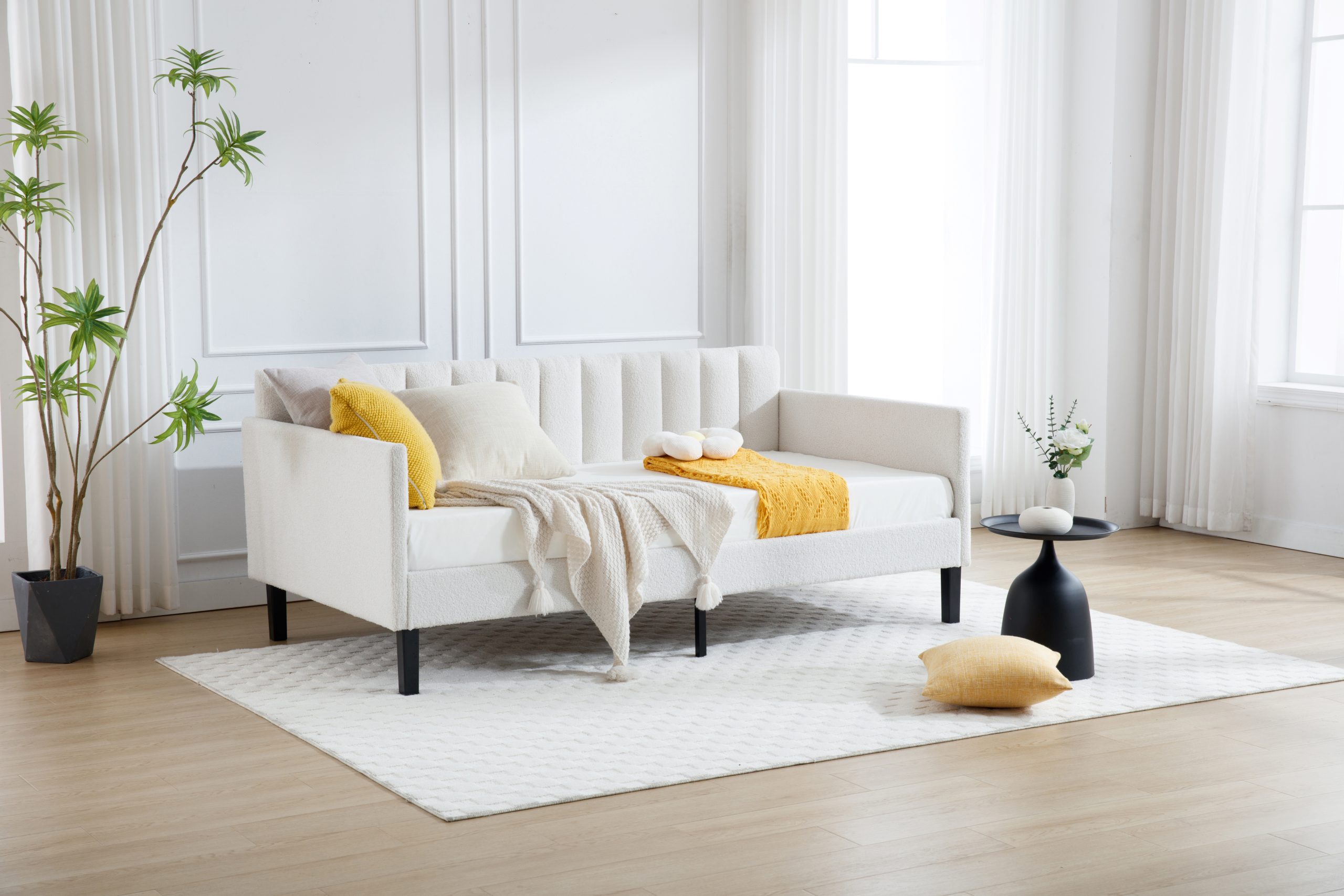 Elena Twin Size Ivory Boucle Upholstered Daybed, Ribbed Tufted Backrest, Daybed in Lavish Modern Design, Richly Hued Foam Comfort - Image 3