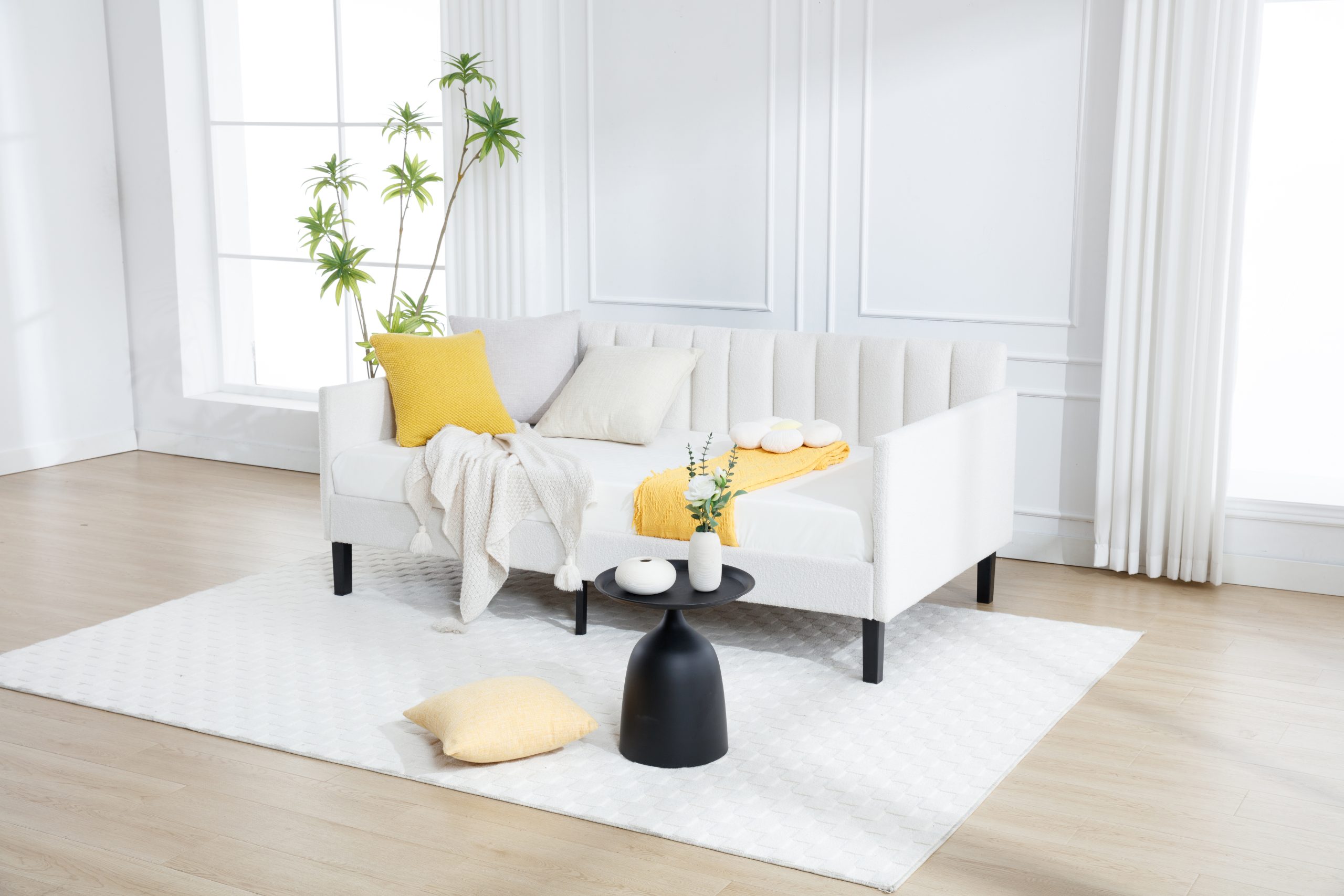 Elena Twin Size Ivory Boucle Upholstered Daybed, Ribbed Tufted Backrest, Daybed in Lavish Modern Design, Richly Hued Foam Comfort - Image 4