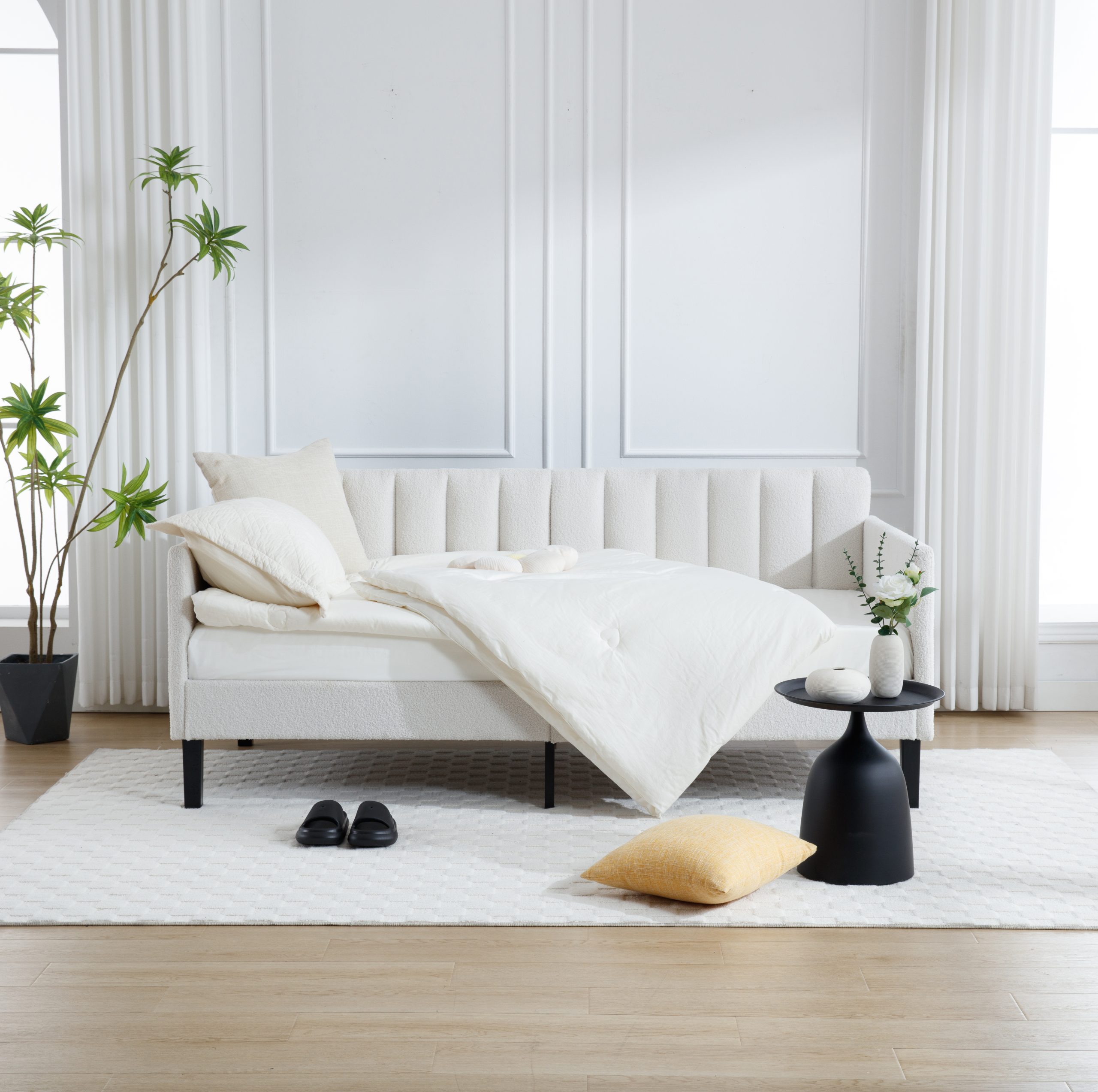 Elena Twin Size Ivory Boucle Upholstered Daybed, Ribbed Tufted Backrest, Daybed in Lavish Modern Design, Richly Hued Foam Comfort - Image 5