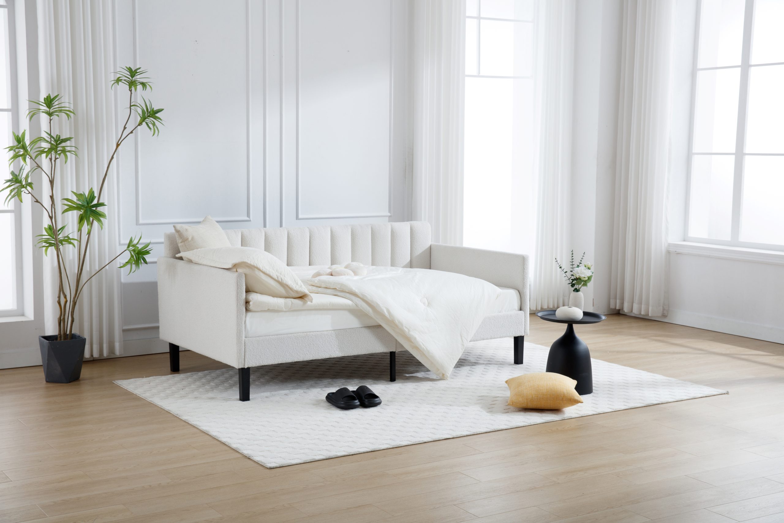 Elena Twin Size Ivory Boucle Upholstered Daybed, Ribbed Tufted Backrest, Daybed in Lavish Modern Design, Richly Hued Foam Comfort - Image 6