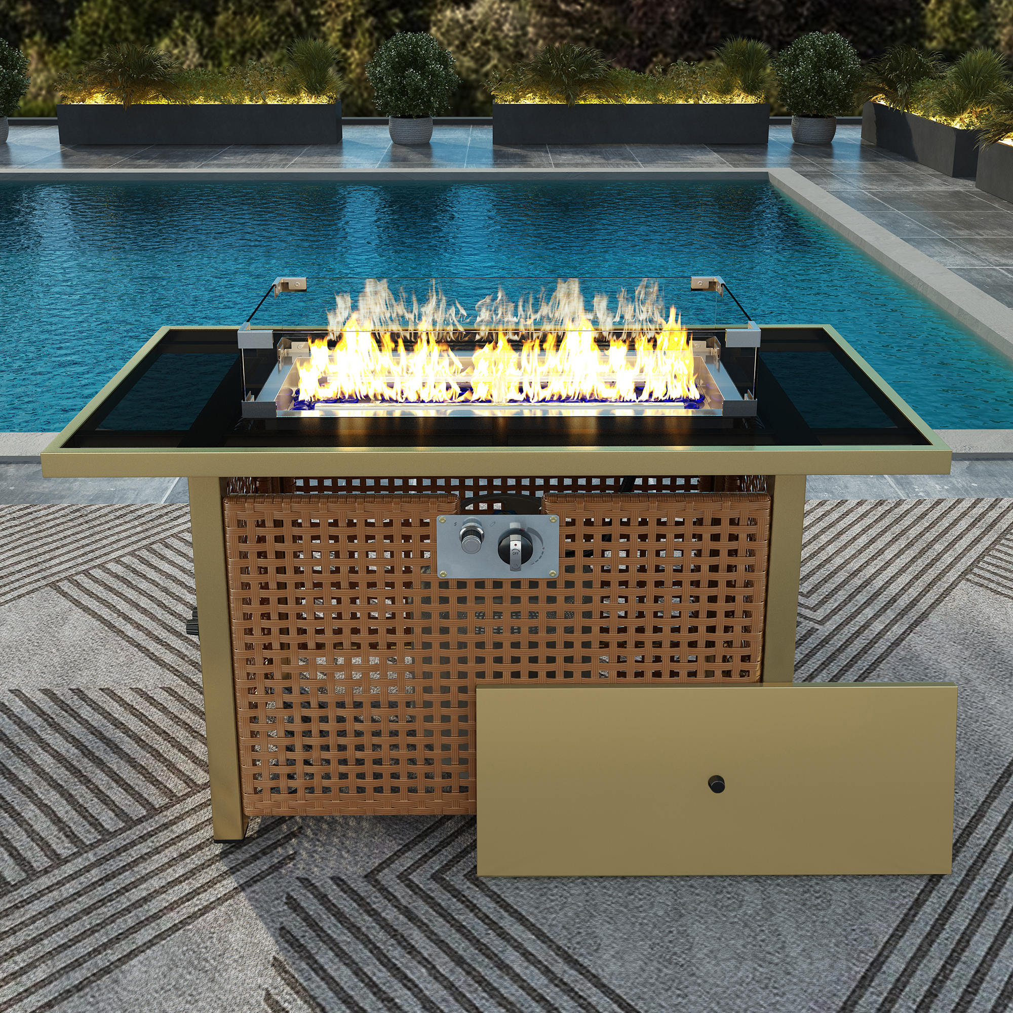 K&K 43" Propane Gas Fire Pit Table, 60000 BTU Rectangular Open Weave Wicker Fire Pit with Glass Wind Guard for Outside Patio Deck Garden Backyard - Orange & Mustard Yellow - Image 2