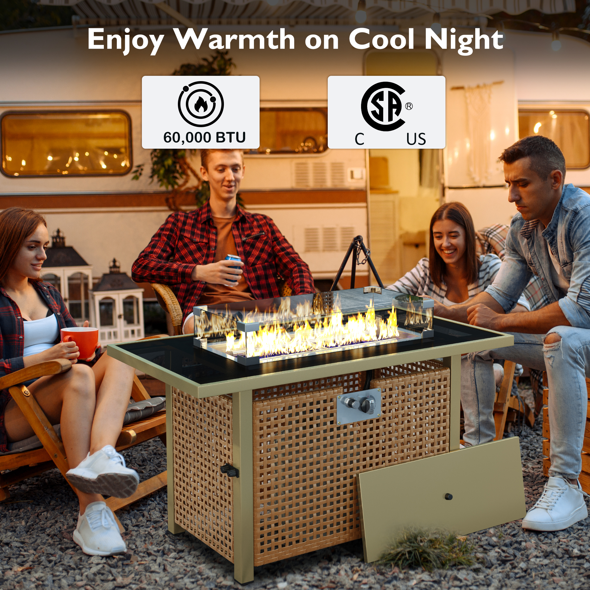 K&K 43" Propane Gas Fire Pit Table, 60000 BTU Rectangular Open Weave Wicker Fire Pit with Glass Wind Guard for Outside Patio Deck Garden Backyard - Orange & Mustard Yellow - Image 3