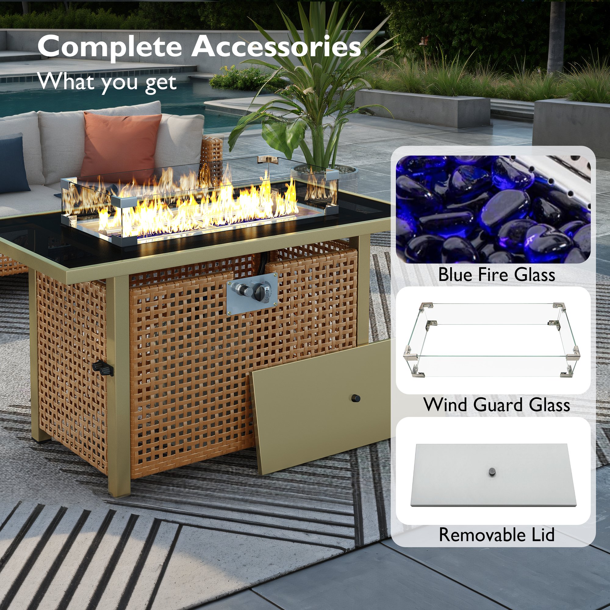 K&K 43" Propane Gas Fire Pit Table, 60000 BTU Rectangular Open Weave Wicker Fire Pit with Glass Wind Guard for Outside Patio Deck Garden Backyard - Orange & Mustard Yellow - Image 4