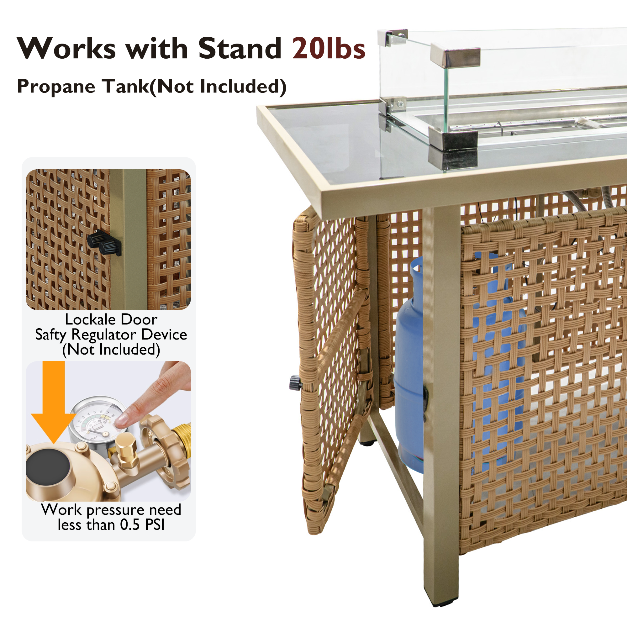 K&K 43" Propane Gas Fire Pit Table, 60000 BTU Rectangular Open Weave Wicker Fire Pit with Glass Wind Guard for Outside Patio Deck Garden Backyard - Orange & Mustard Yellow - Image 6