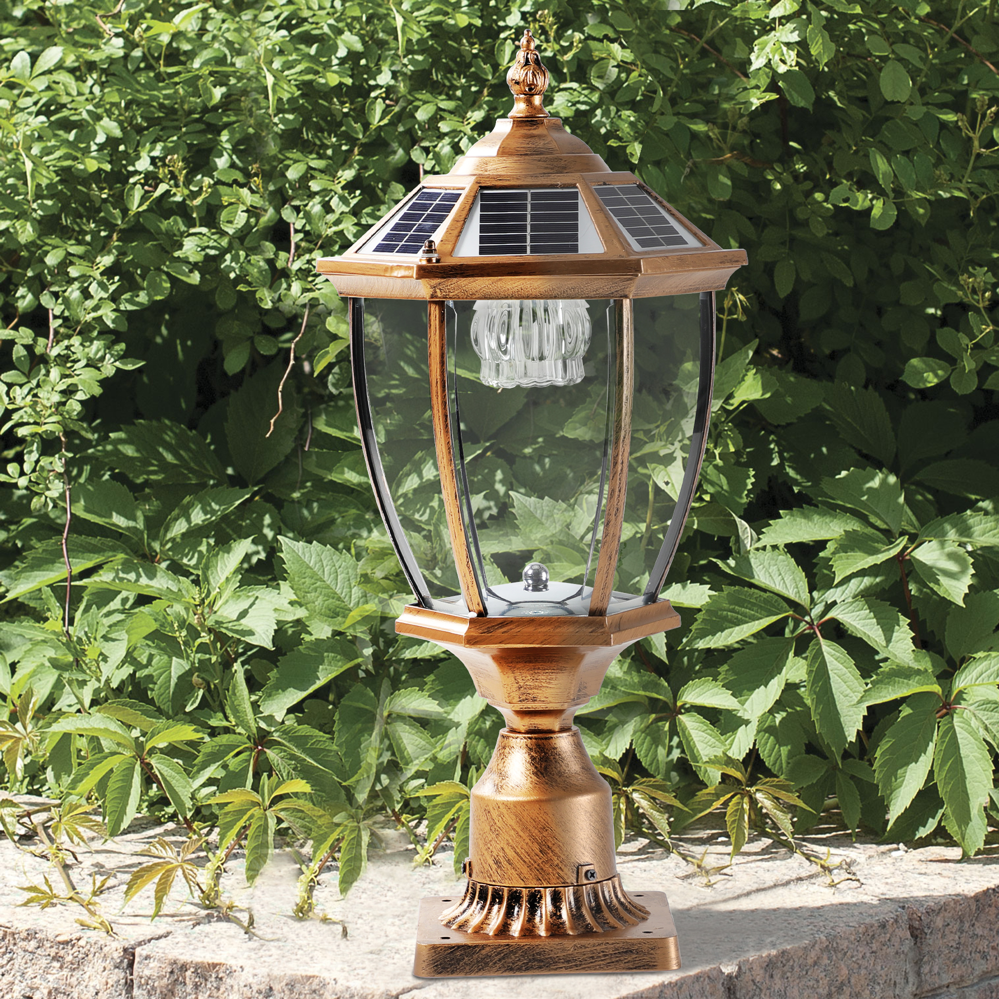 20"(H) Golden Solar Powered LED Outdoor Lantern, Vintage Garden Light with Elegant Glass Design for Pathways, Yards, and Patios (1-Pack) - Image 2