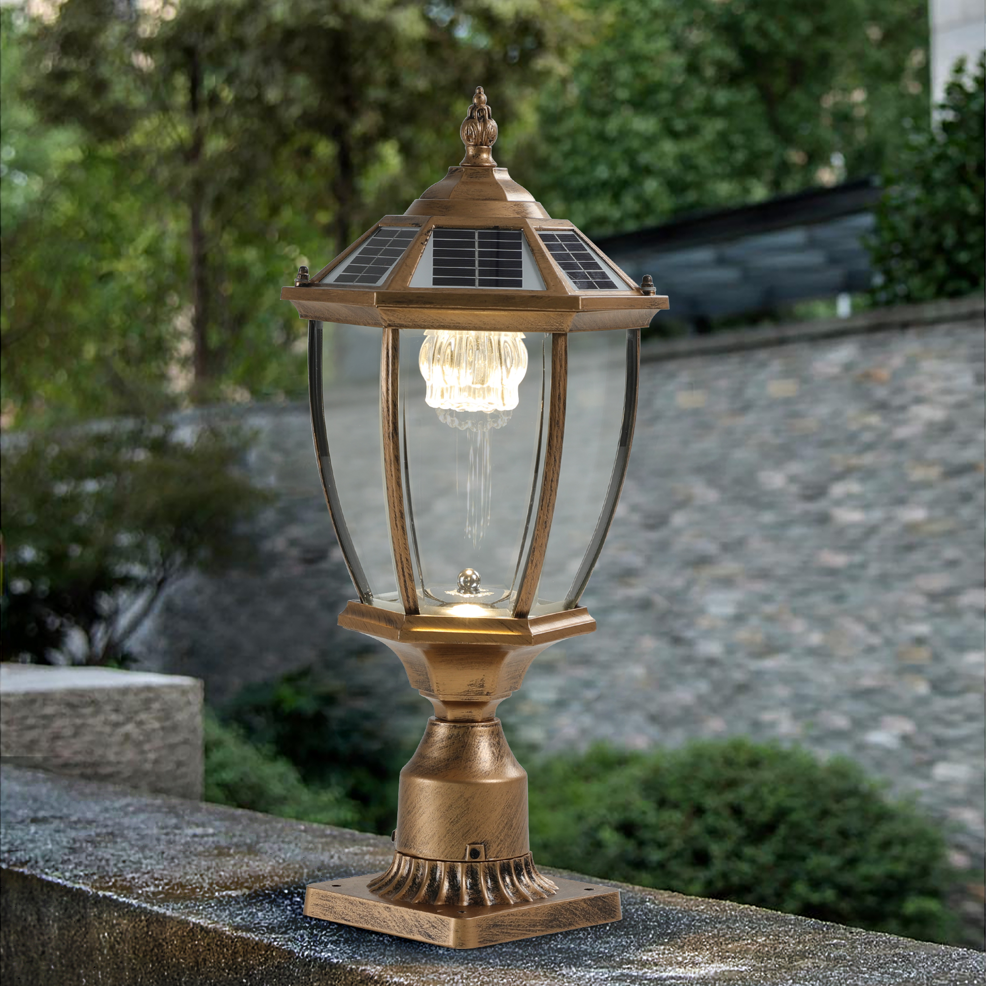 20"(H) Golden Solar Powered LED Outdoor Lantern, Vintage Garden Light with Elegant Glass Design for Pathways, Yards, and Patios (1-Pack) - Image 3