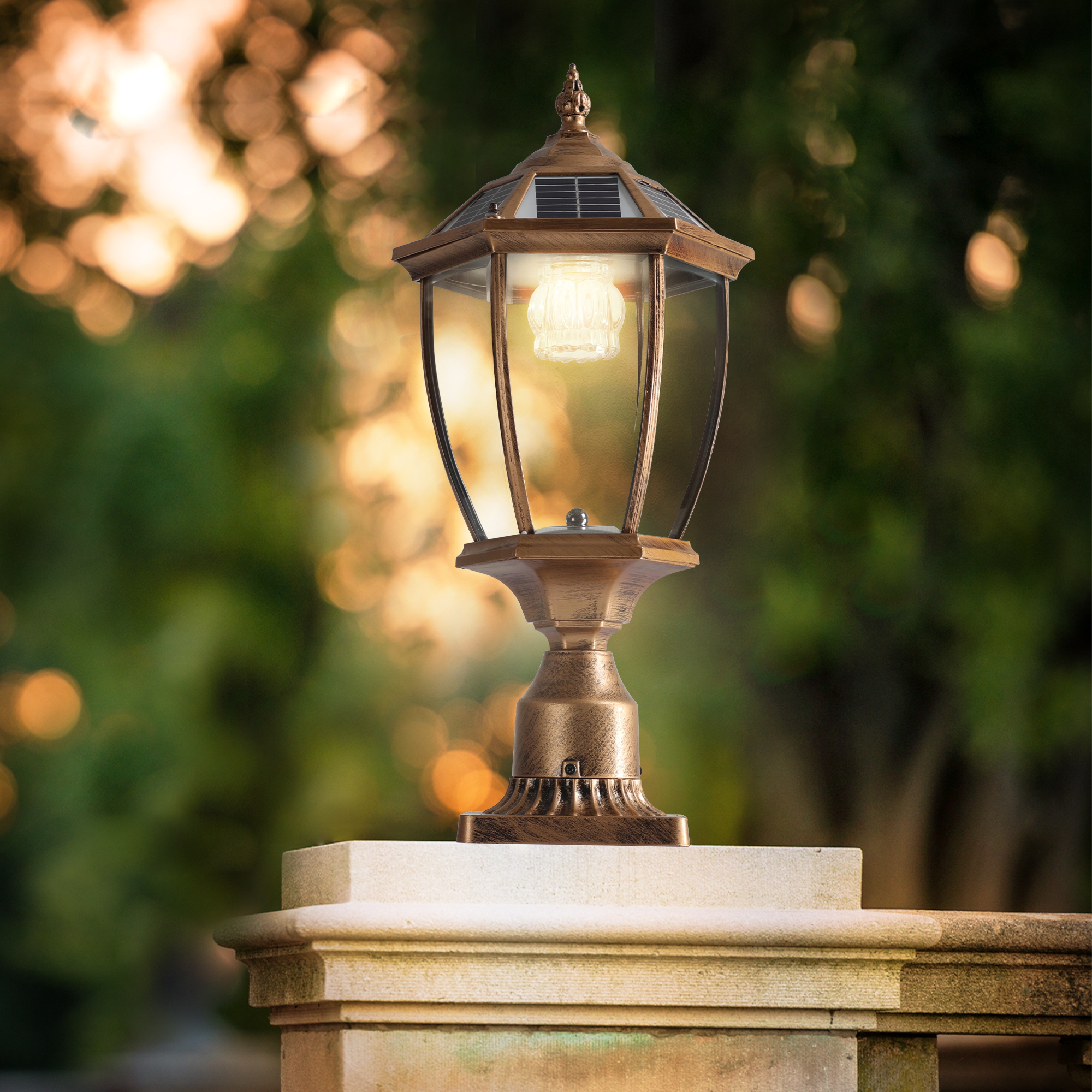 20"(H) Golden Solar Powered LED Outdoor Lantern, Vintage Garden Light with Elegant Glass Design for Pathways, Yards, and Patios (1-Pack) - Image 4