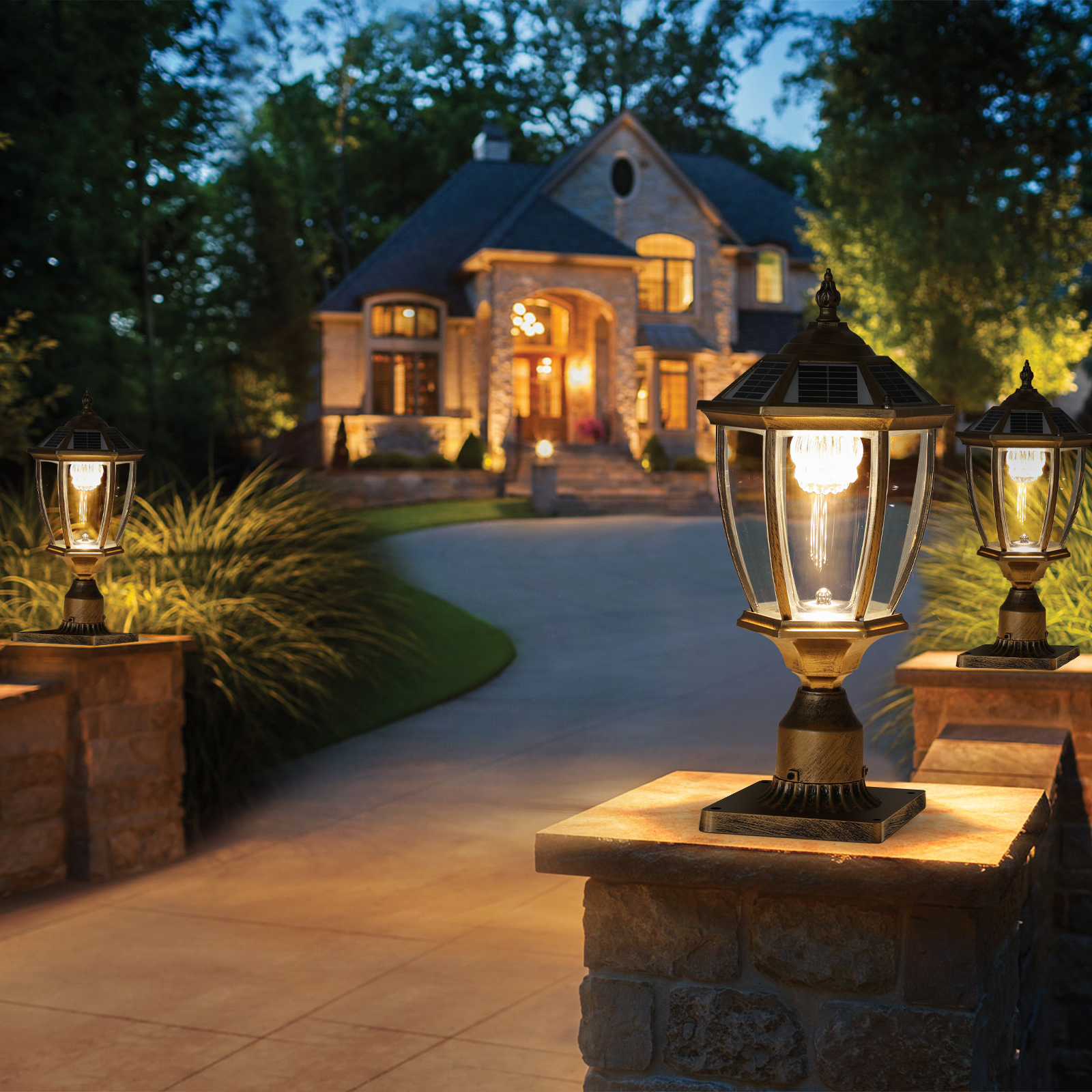20"(H) Golden Solar Powered LED Outdoor Lantern, Vintage Garden Light with Elegant Glass Design for Pathways, Yards, and Patios (1-Pack) - Image 5