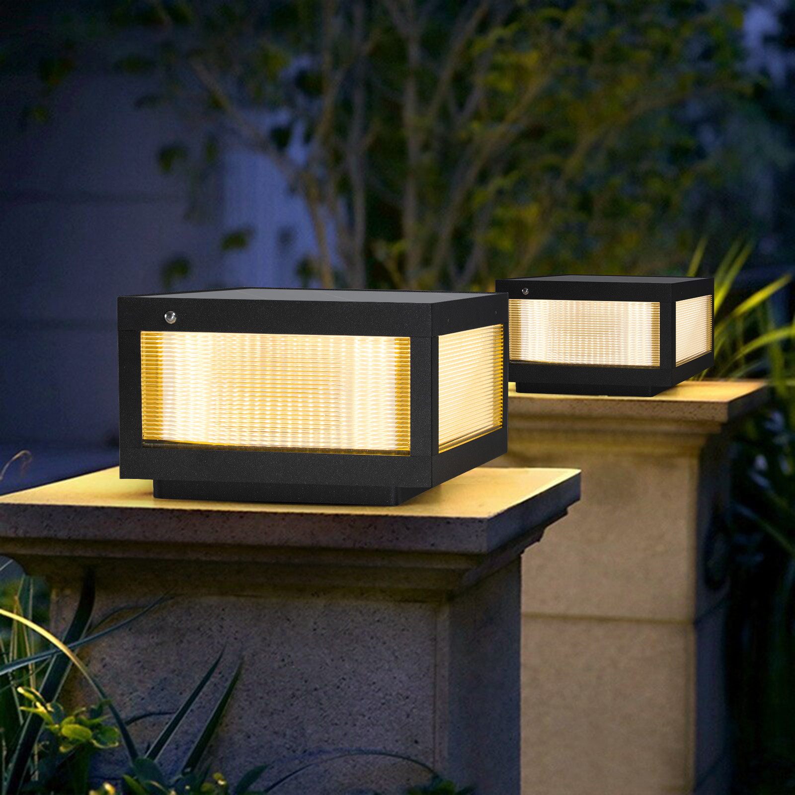 12" Black Solar Powered LED Post Cap Light, Modern Outdoor LED Fence Light for Pathways, Decks, and Patios (2-Pack) - Image 2