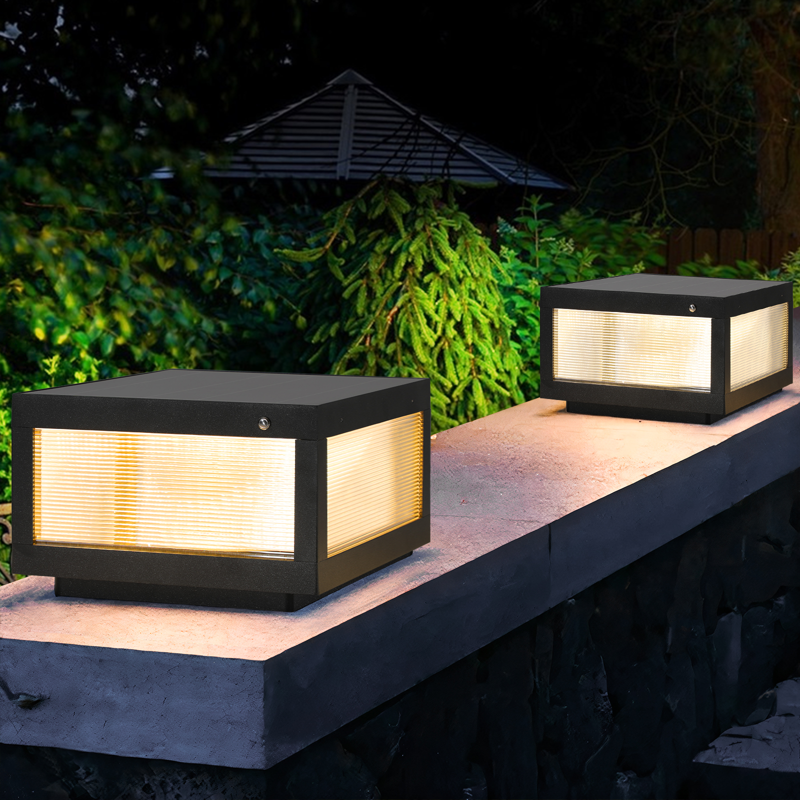 12" Black Solar Powered LED Post Cap Light, Modern Outdoor LED Fence Light for Pathways, Decks, and Patios (2-Pack) - Image 3