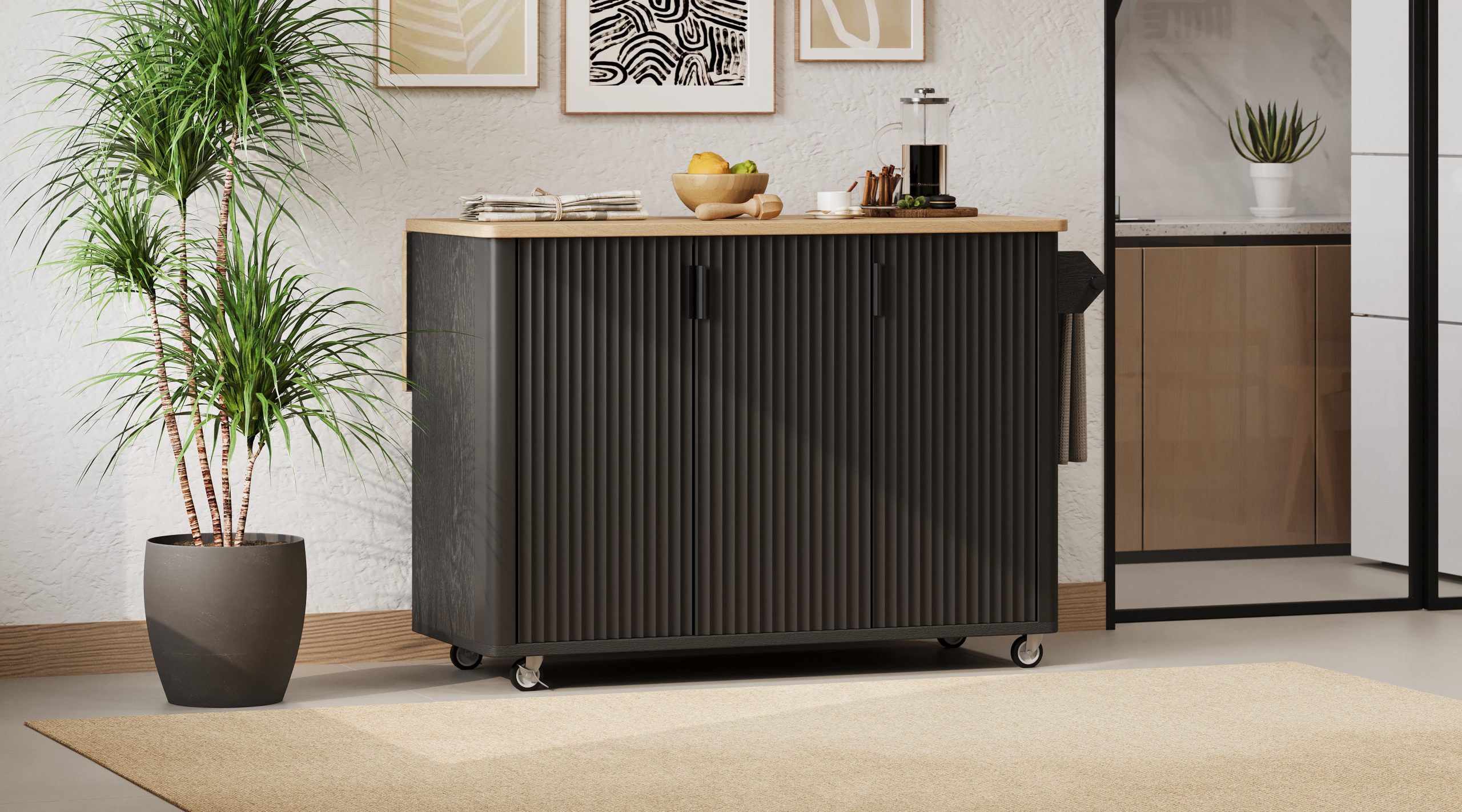 K&K 51" Fluted Kitchen Island with Drop Leaf, Farmhouse Accent Kitchen Island on Wheels with Internal Storage Rack, Rolling Kitchen Cart with Towel Rack for Kitchen, Dining Room, Black Ash - Image 2