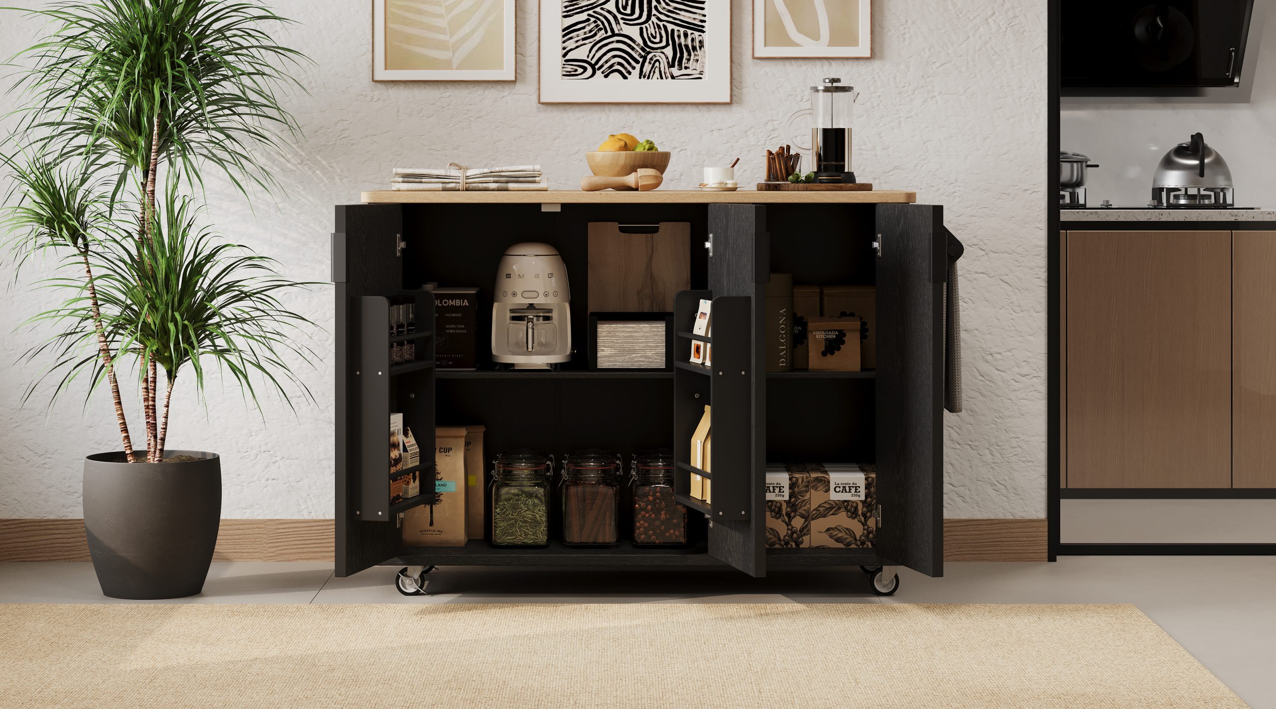 K&K 51" Fluted Kitchen Island with Drop Leaf, Farmhouse Accent Kitchen Island on Wheels with Internal Storage Rack, Rolling Kitchen Cart with Towel Rack for Kitchen, Dining Room, Black Ash - Image 3